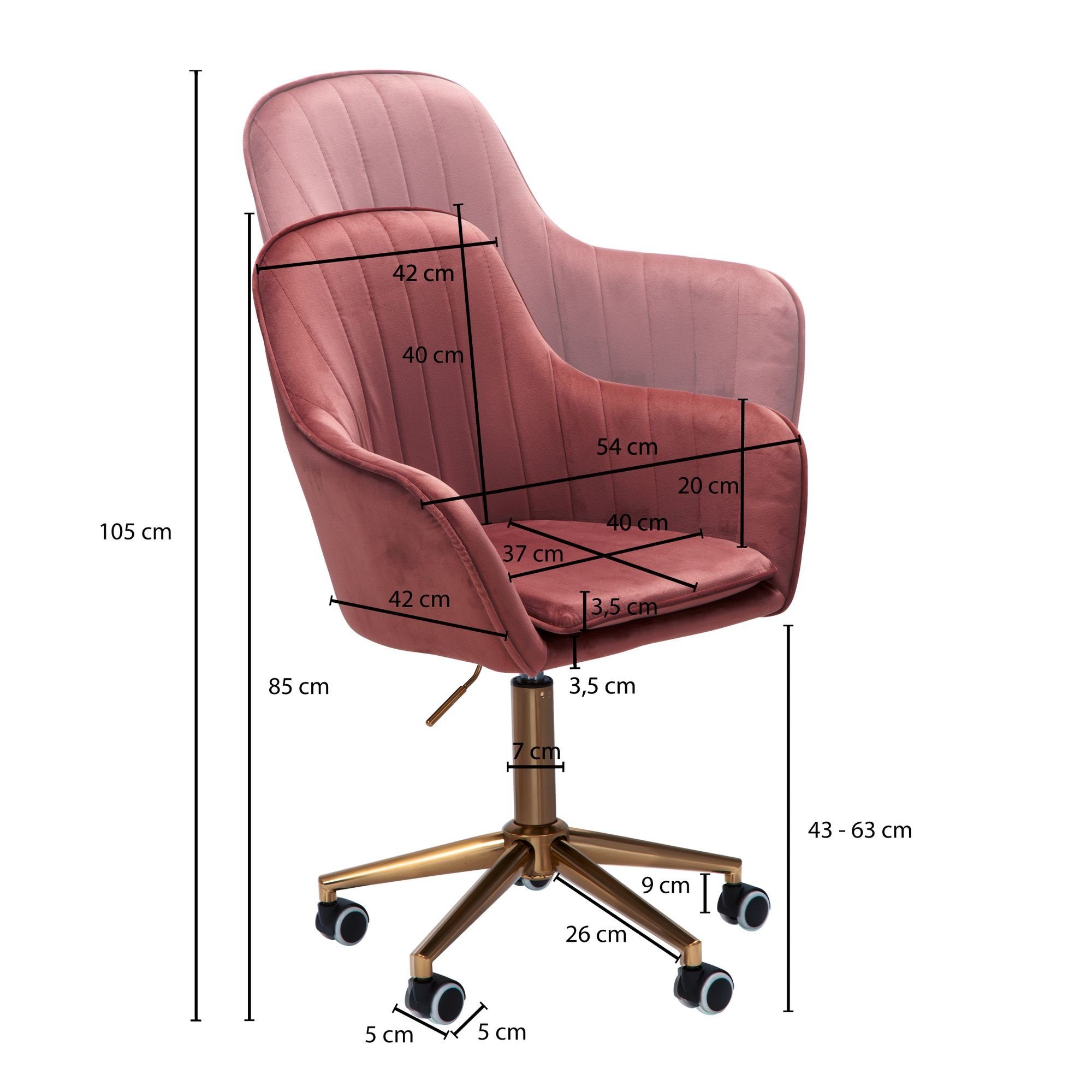 Schreibtischstuhl Drehbar Drehstuhl Schreibtischstuhl Rosa, Rollen, Höhenverstellbar, mit Samt Schalenstuhl Samt Design Stuhl 120 Lehne, Rosa, mit möbelando Design Arbeitsstuhl Drehstuhl, kg Schreibtischstuhl