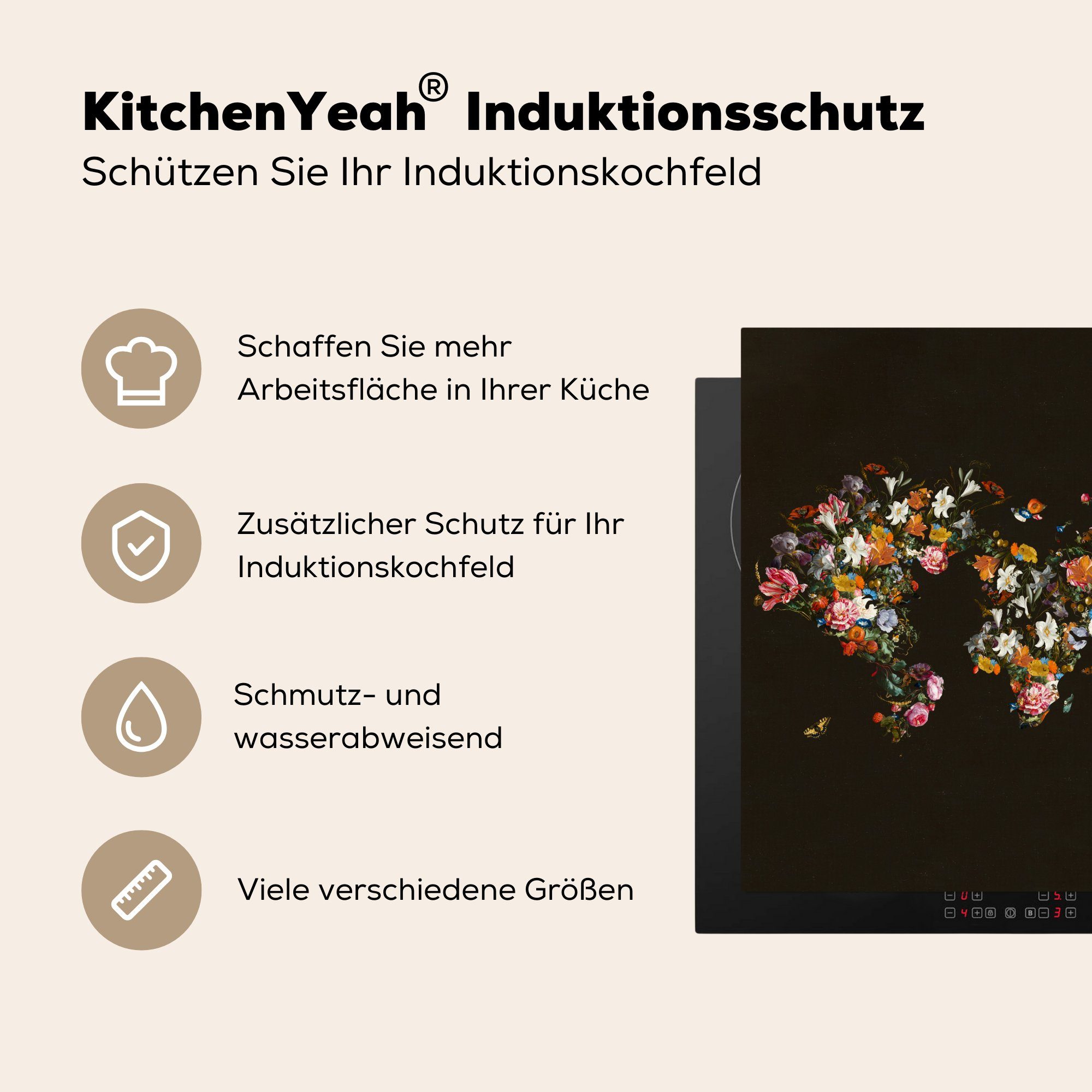 MuchoWow Herdblende-/Abdeckplatte Weltkarte - küche - 78x78 - Blumen, cm, Vinyl, Rosen für Lilie Ceranfeldabdeckung, Arbeitsplatte tlg), (1