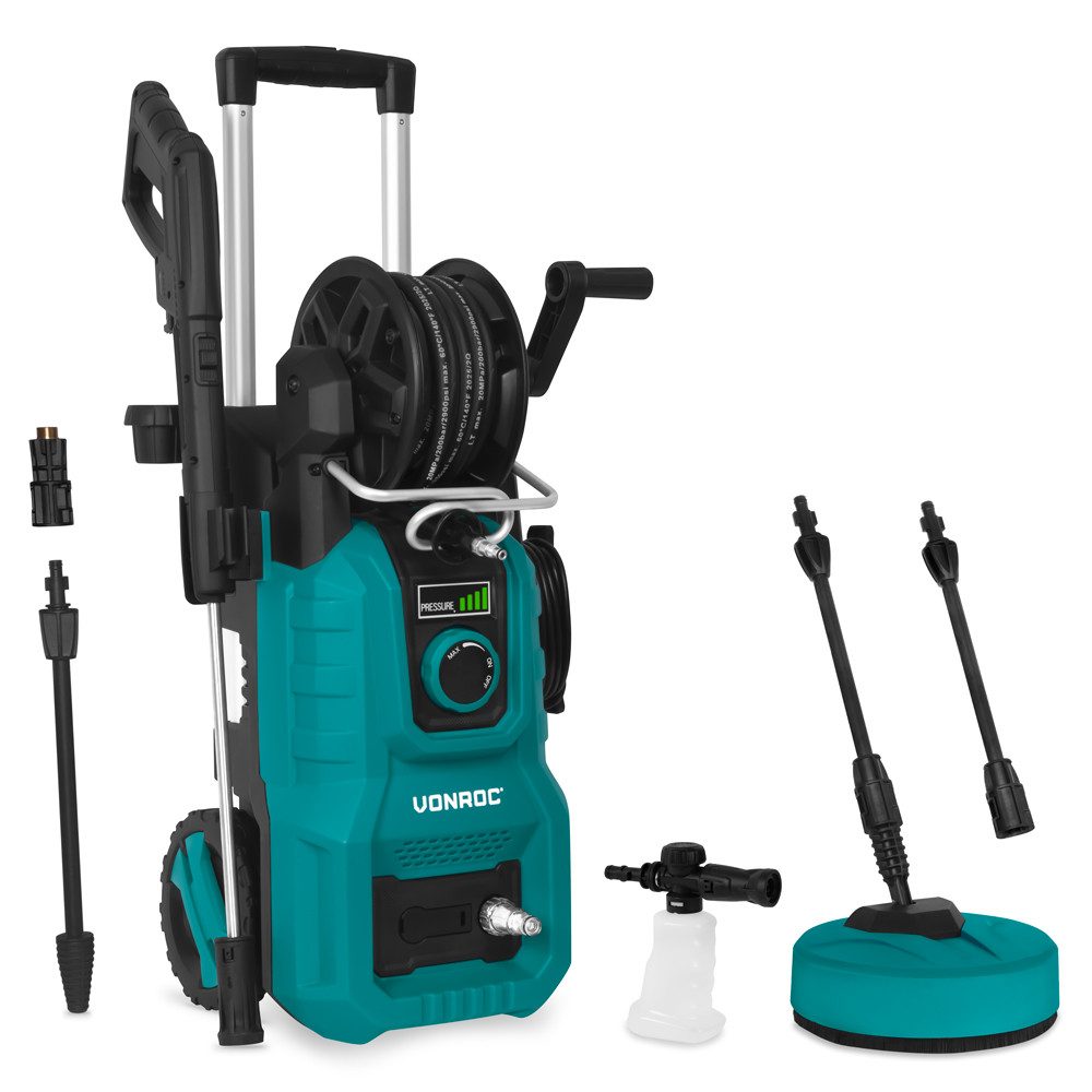 VONROC Hochdruckreiniger 2400W, Druck max: 180 bar, Fördermenge max: 420 l/h, (Set, 11 tlg., PW512AC), inkl. Druckregeler - Schlauchtrommel - Aluminium Pumpe - V24 Serie