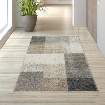 Teppich Moderner Teppich mit quadratischen Mustern grau beige, TeppichHome24, rechteckig