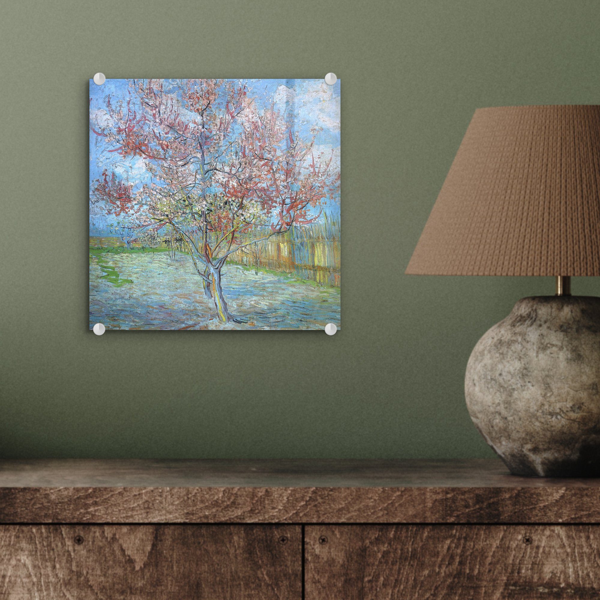 MuchoWow Acrylglasbild Der rosa Glasbilder Gemälde Foto Vincent St), Gogh, - - auf - Bilder Glas Wanddekoration - van Pfirsichbaum von auf Wandbild (1 Glas