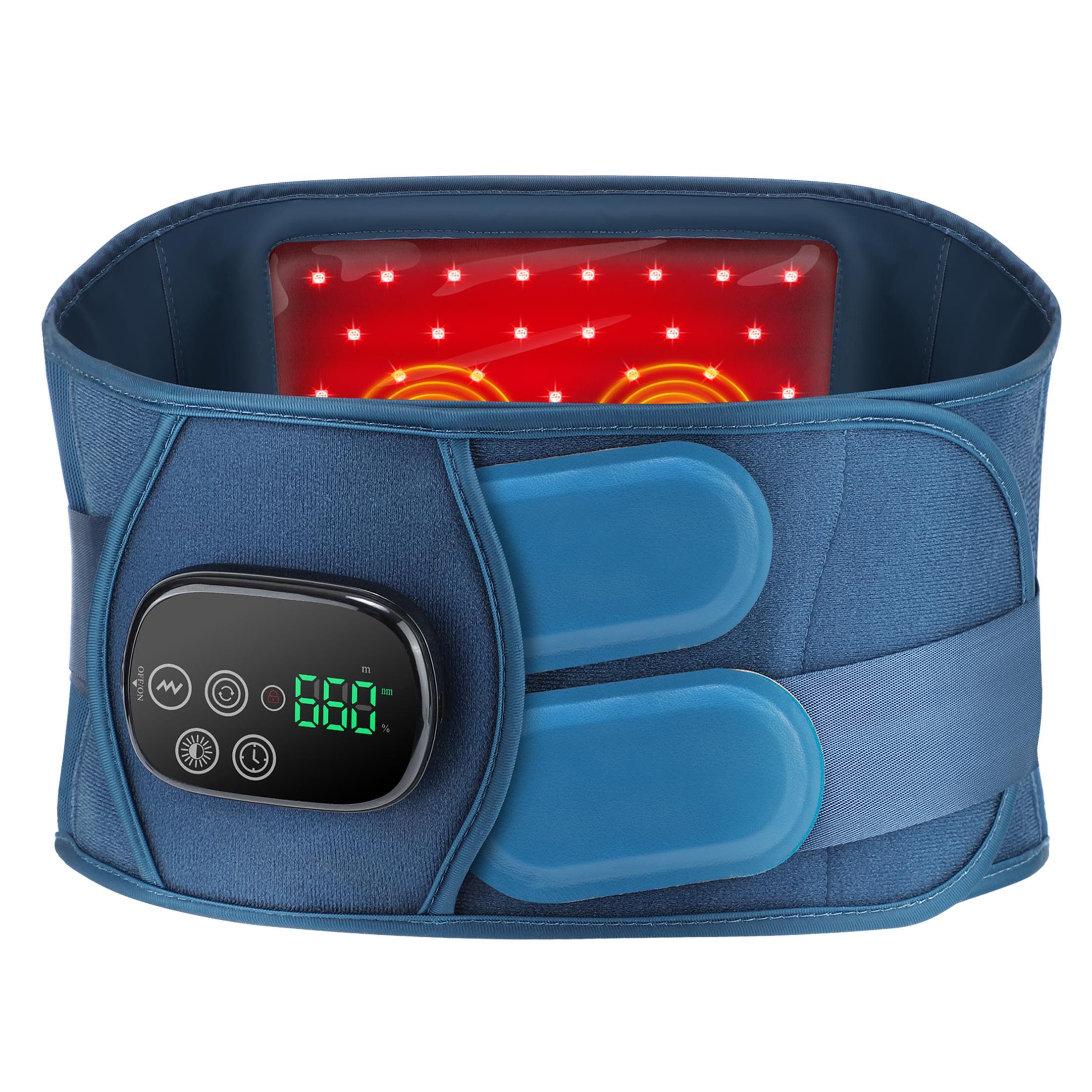 KINSI Bandmassagegerät Massagegürtel Rücken mit Wärme & Vibration, Rotlicht 660nm 850nm, Kabelloser Rückenwärmer mit 4 Temperaturstufen und 5000mAh Akku