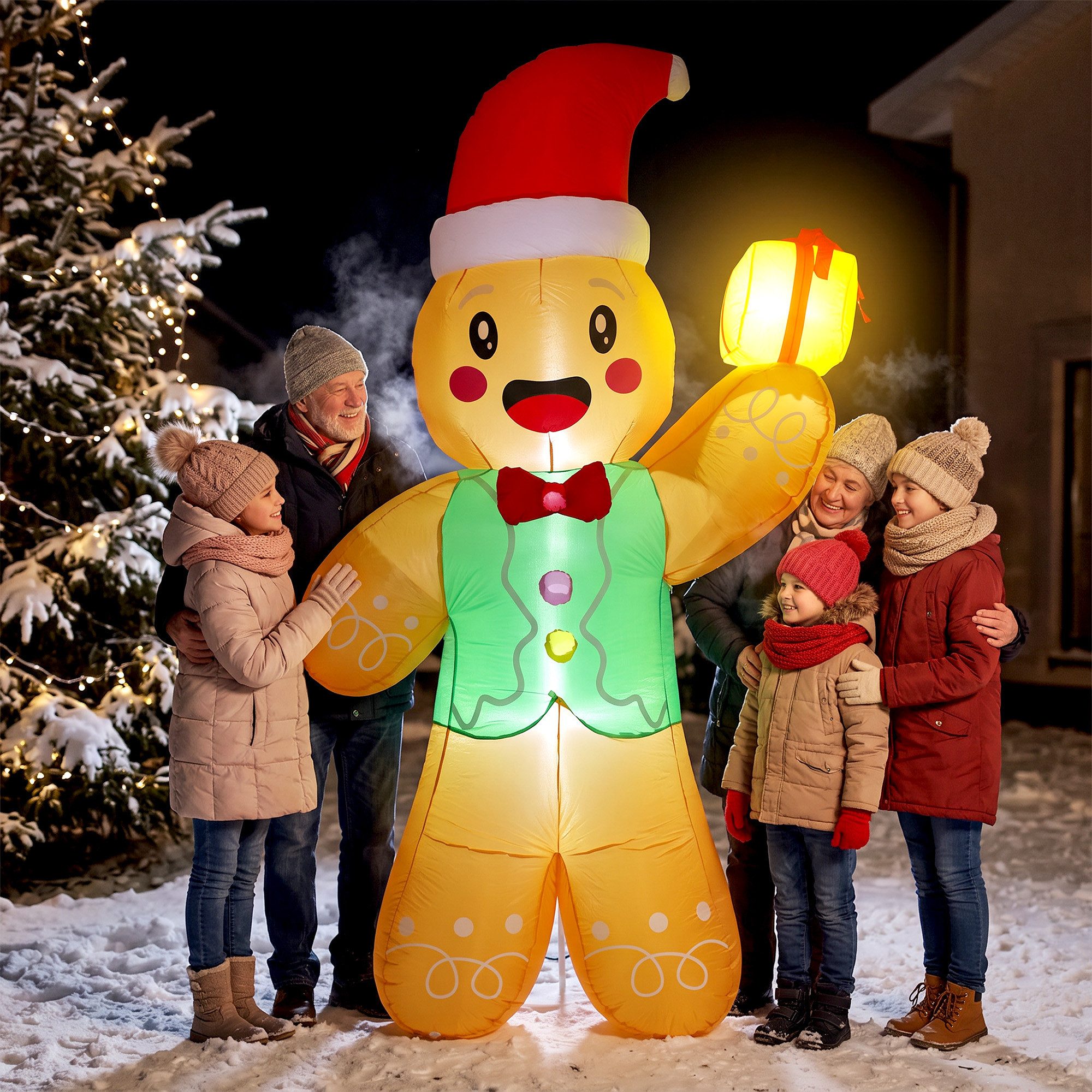 Outsunny Weihnachtsfigur Aufblasbarer Weihnachts-Lebkuchenmann mit Geschenkbox (Weihnachtsdeko, 1 St., 1tlg), 250 cm, 9 LEDs, IP44, schnell aufblasbar