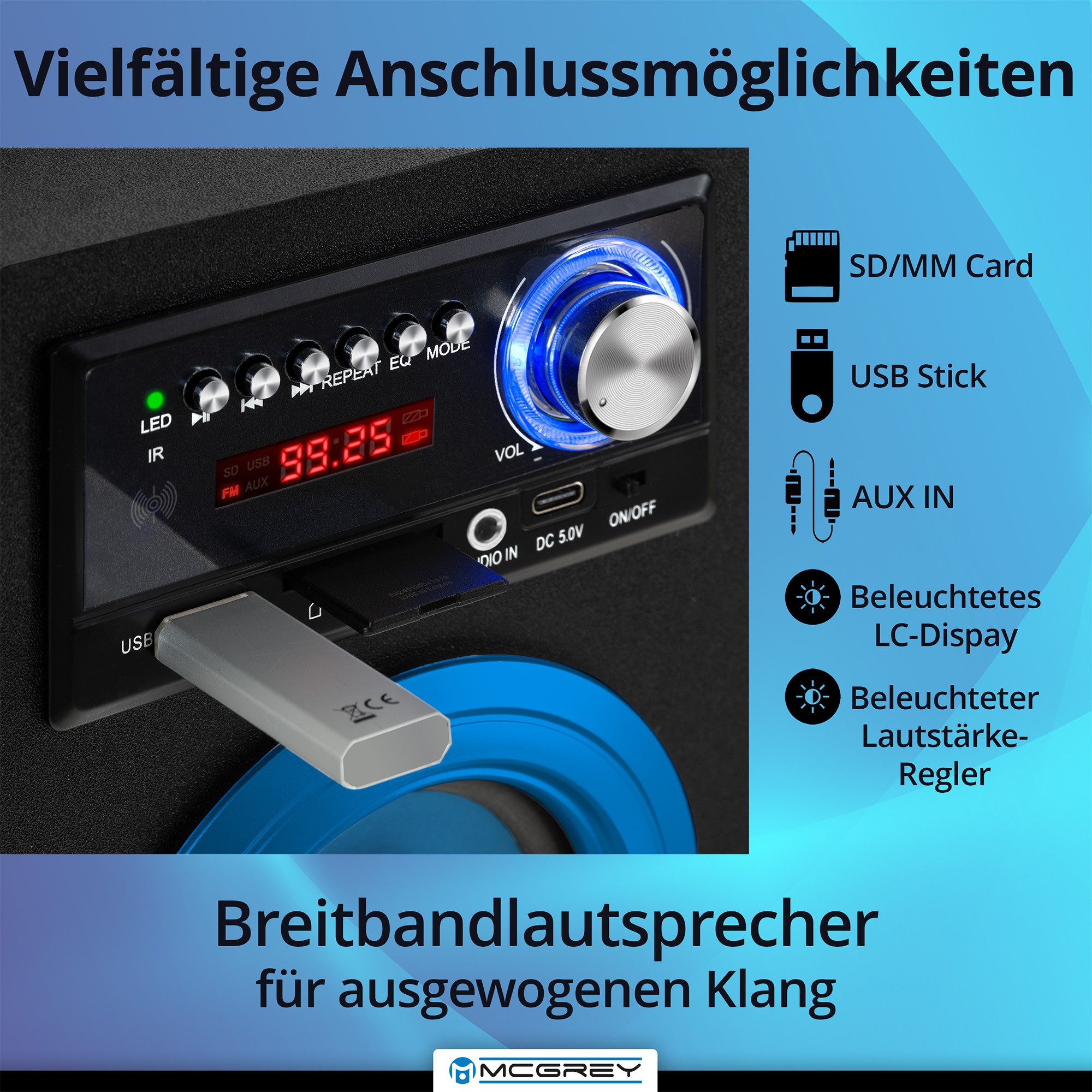 McGrey Tragbarer Speaker für vielseitigen Einsatz inklusive Fernbedienung - Bluetooth-Lautsprecher (6 W, FM-Radio mit 30 speicherbaren Senderplätzen integriert) – Bild 3 von 5
