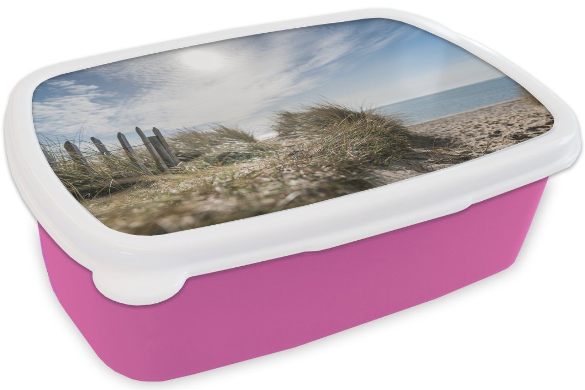 MuchoWow Lunchbox Brotbox Kunststoff, Kunststoff Mädchen, Sonne - Strand, Brotdose (2-tlg), Wolken für Kinder, Erwachsene, - Snackbox, rosa
