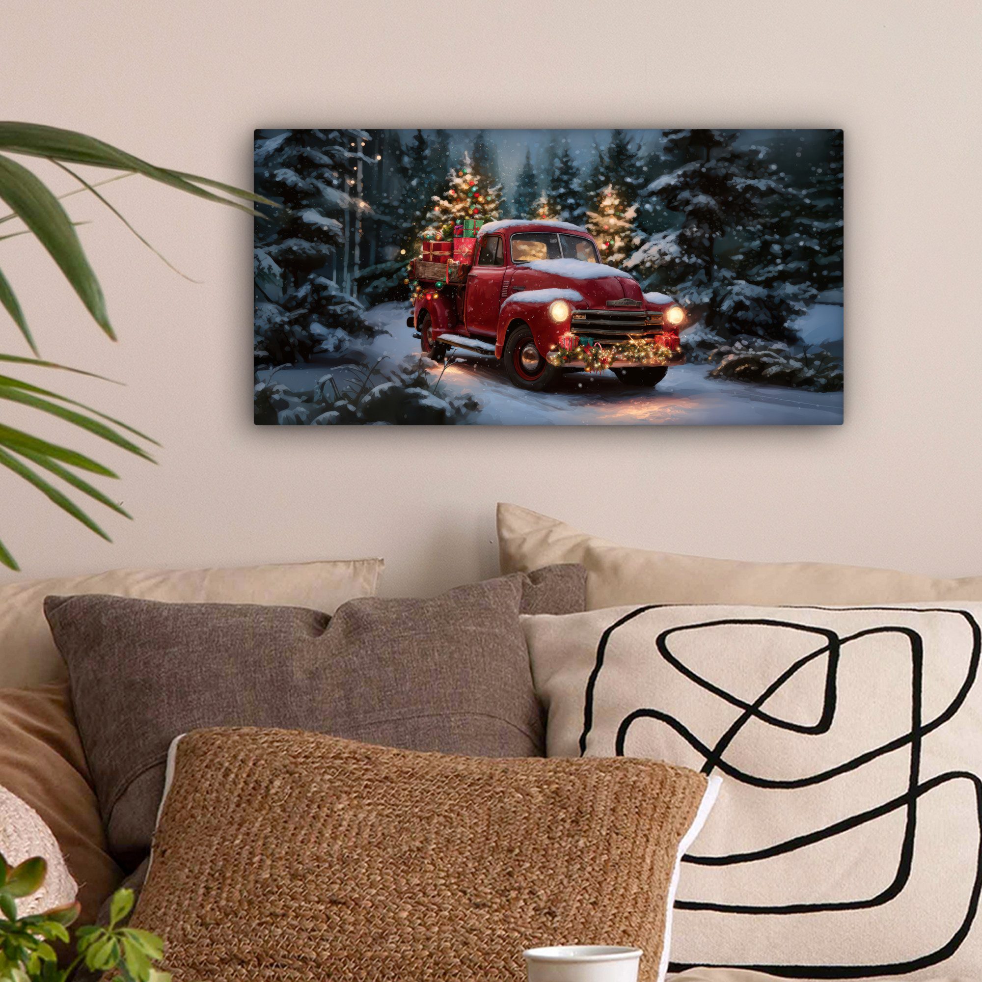 OneMillionCanvasses® Leinwandbild Panorama Weihnachts-LKW - Schneewald - Ro günstig online kaufen