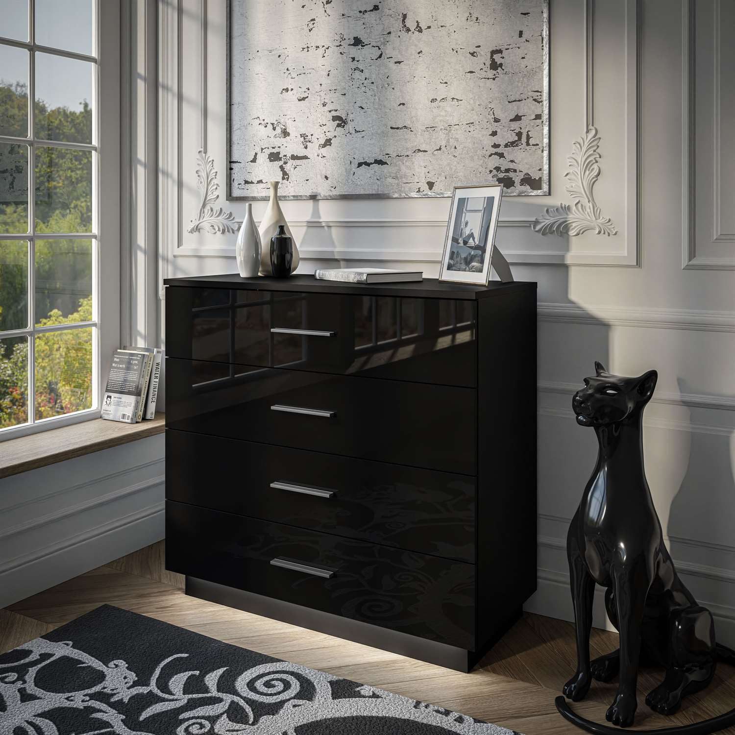Lookway Kommode LINA 95 mit Griffen Schwarz Hochglanz LED