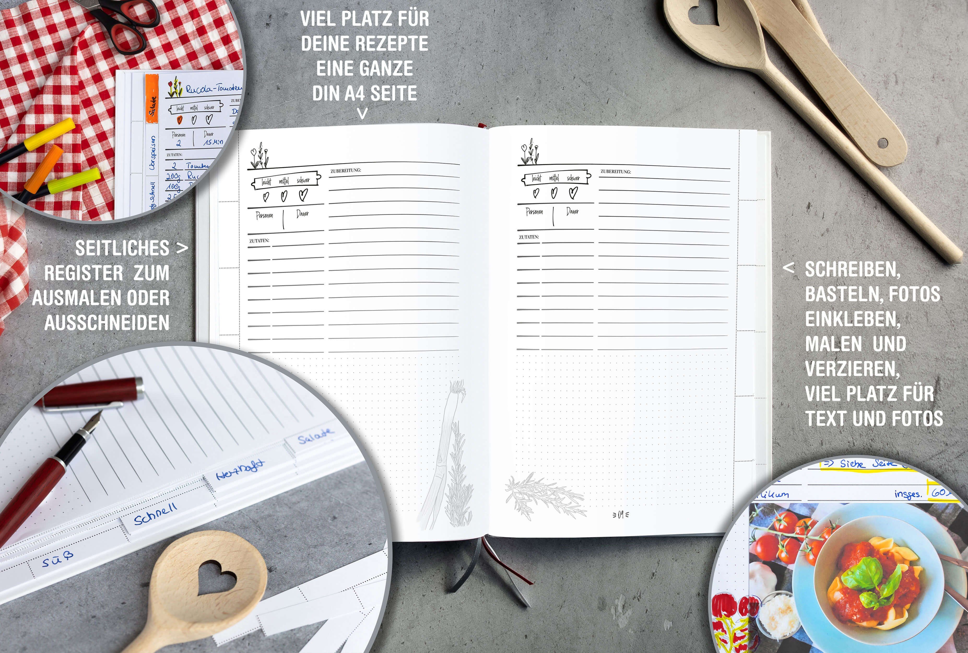TOBJA Notizbuch Rezeptbuch zum Selberschreiben & Selbstgestalten DIN A4, Hardcover Rezepte & Backbuch - Premium DIY Buch zum freien gestalten