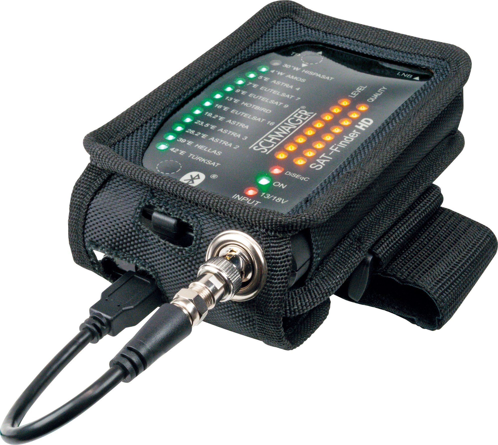 SF9003BTAKKU Anzeige der oder Signalstärke Powerbank), Satfinder über Schwaiger Receiver detaillierte Stromversorgung über (IP54, App angeschlossenen