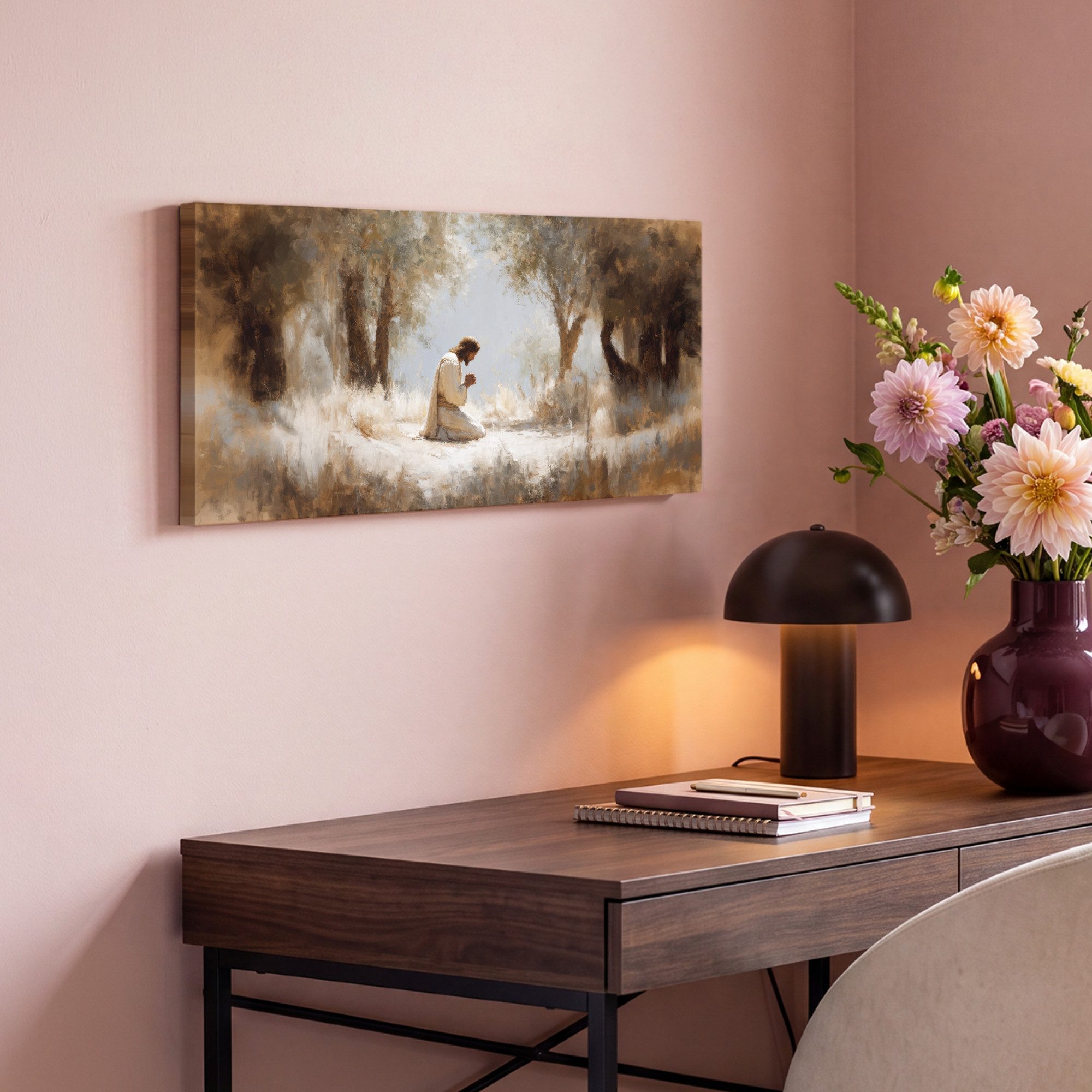 OneMillionCanvasses® Leinwandbild Panorama Jesus - Kniend - Waldlandschaft - Betend, Fotodruck (1 St), Wandbild, Deko Schlafzimmer Wohnzimmer Flur 40x20 cm – Bild 4 von 5