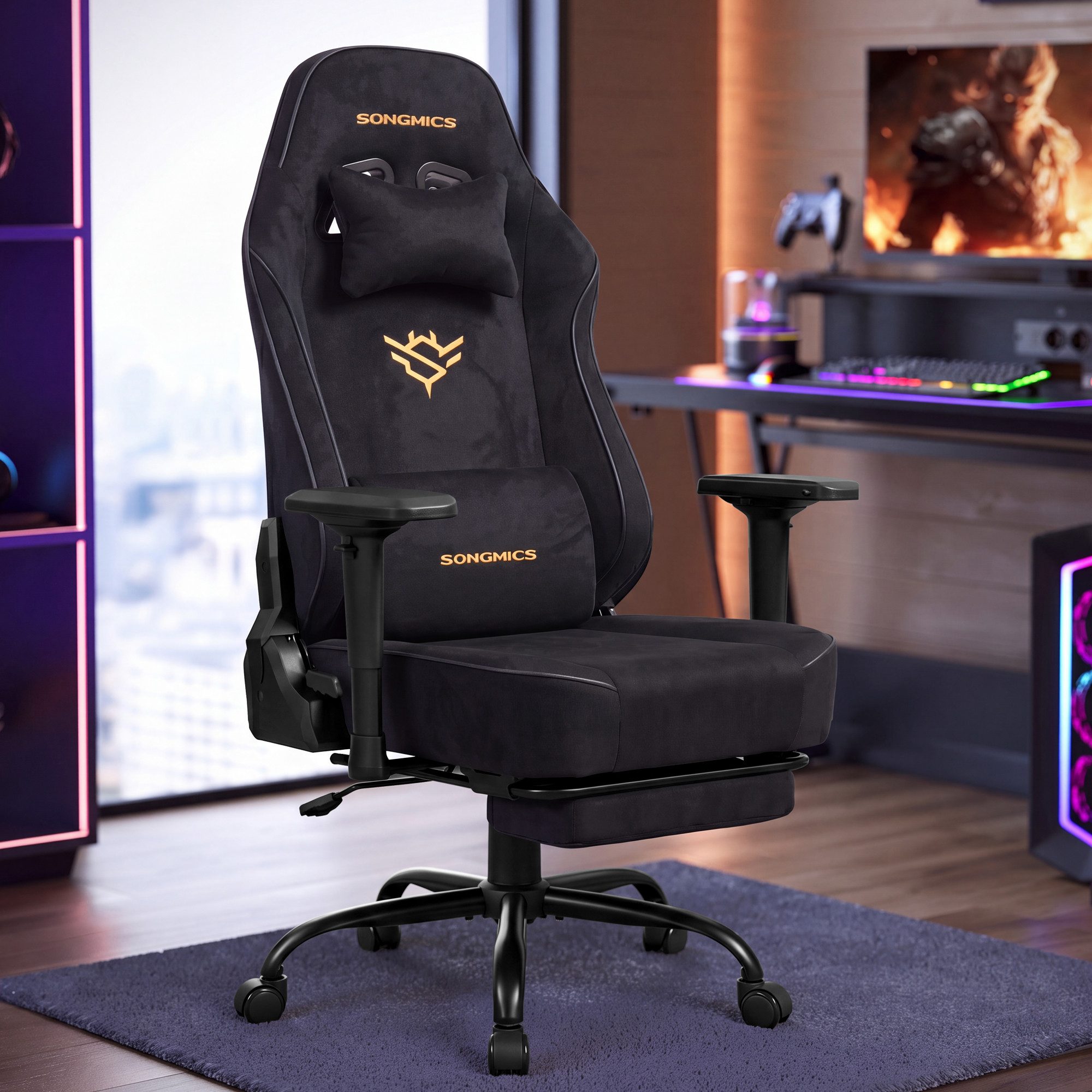 SONGMICS Gaming-Stuhl Schreibtischstuhl ergonomisch, 4D verstellbare Armlehnen, Fußstütze, Bis 200 kg belastbar, 72 x 72 x (125-135) cm, Wildlederimitat