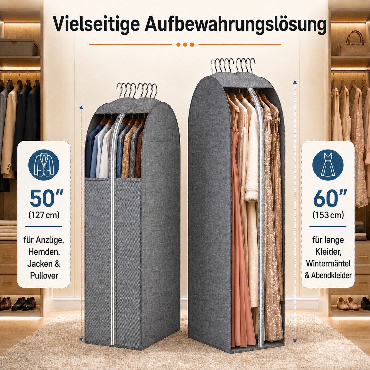 BlingBin Kleidersack 4-teiliger kleiderhülle Staubbeutel (4er Set, 4 St., 2 x 60 x 127 x 25,5 cm + 2 x 60 x 153 x 25,5 cm) kleidersack mit reißverschluss, kleiderschrank aufbewahrung, Grau