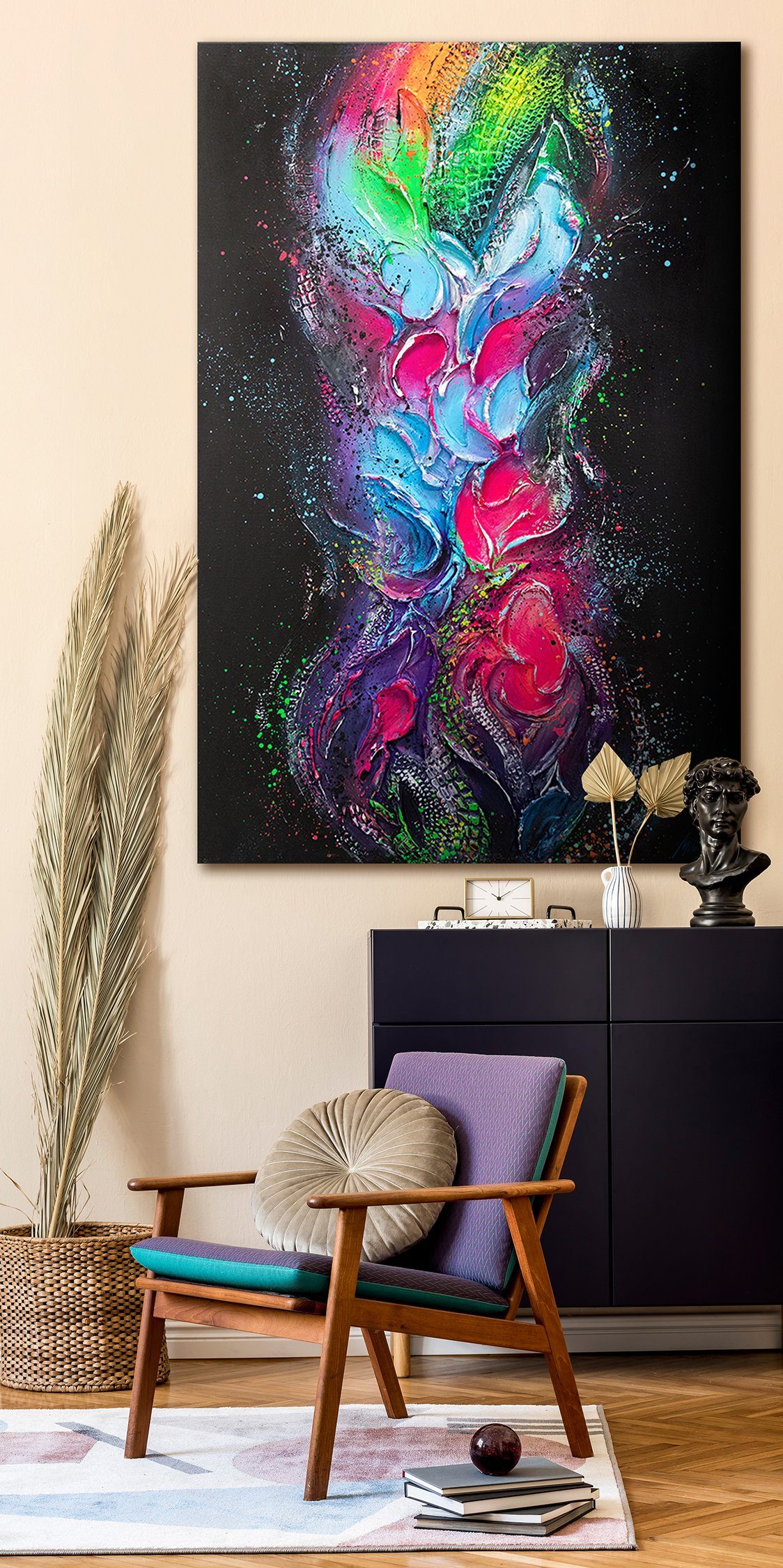 Schwarz Handgemalt Fokus, Gemälde Regenbogen Bild Abstraktion, Bunt YS-Art Vertikales Leinwand