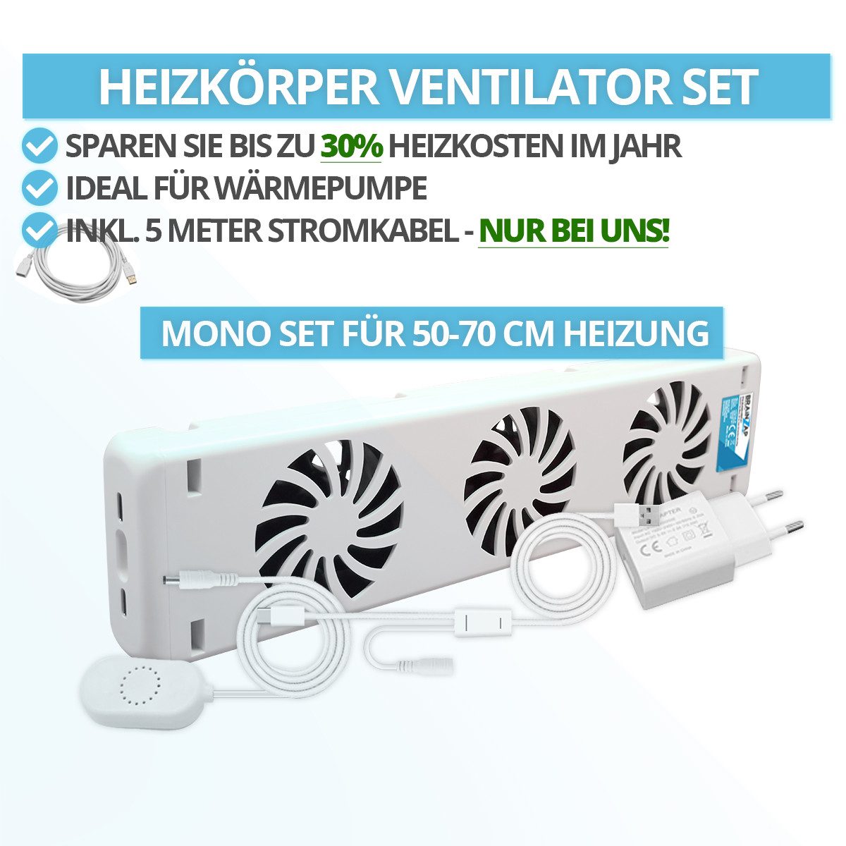 BRAINZAP Heizkörperventilator Heizkörper/Radiator Ventilator Booster, 8 cm Durchmesser, Für Alle Heizkörper, 50-120cm, 20 dbA, 1kWh/Jahr, 20-30% Kosten sparen
