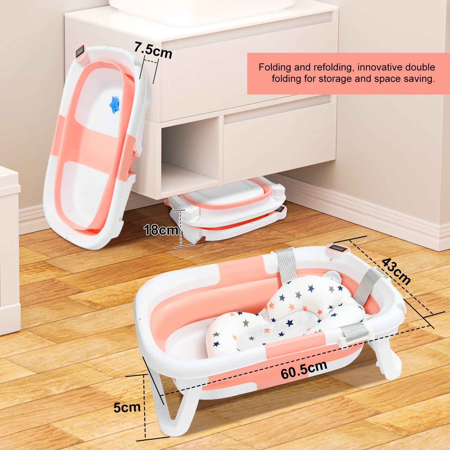 Clanmacy Babybadewanne Baby Badewanne Anti-Rutsch Faltbar Tragbare Tub mit Stöpsel 3 in 1