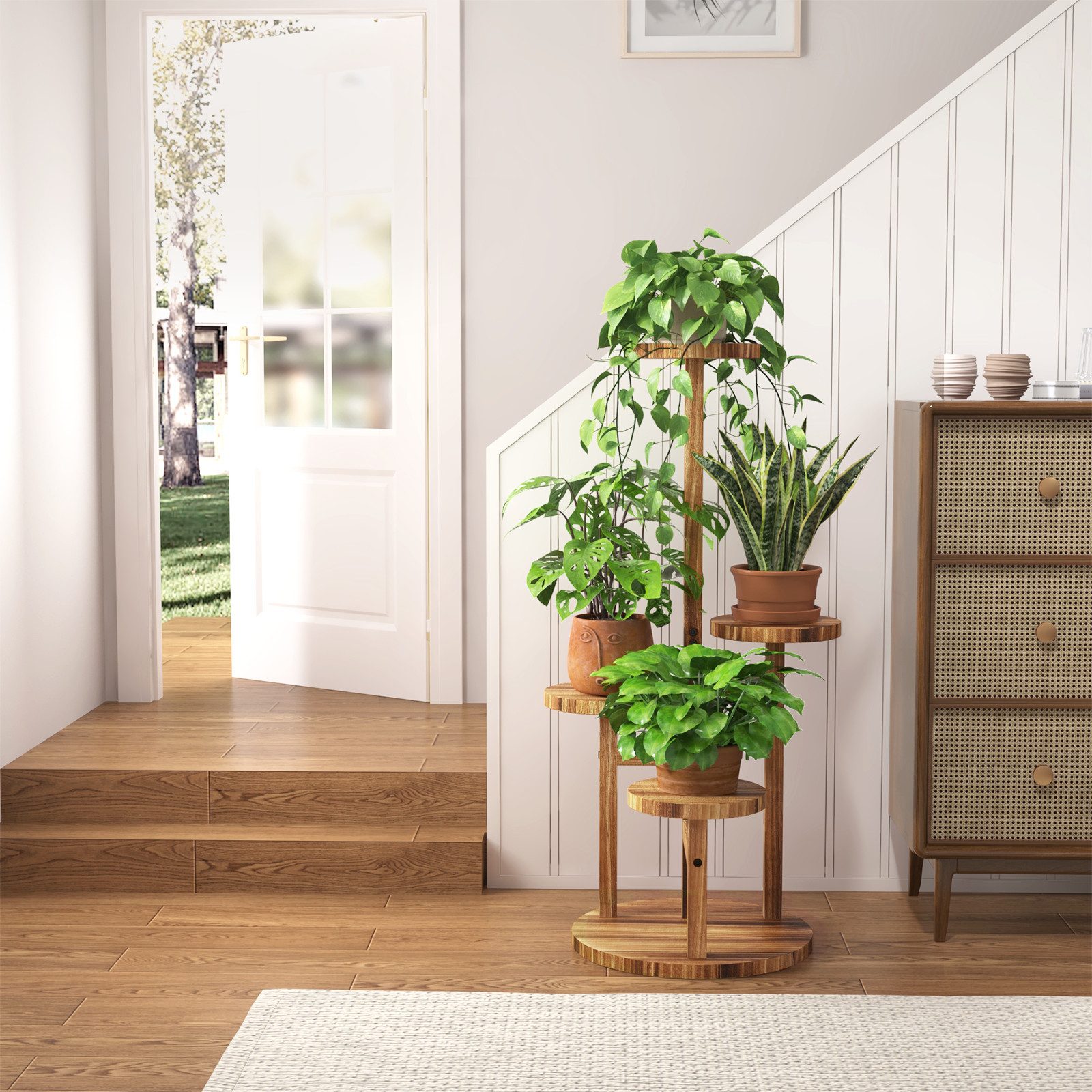 Bamworld Blumenständer platzsparender Pflanzenregal für Wohnzimmer & Garten, Blumentreppe (1 St), Holzblumenständer 4-stöckig, 43x82 cm