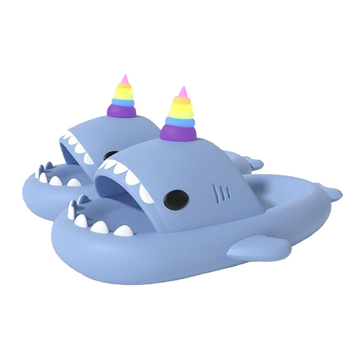 Corimori Hai Einhorn Badeschlappen mit Regenbogenhorn Badeschuh (Packung, Geschenk) lustige Badelatschen für Kinder und Erwachsene, EU Größe 34-35