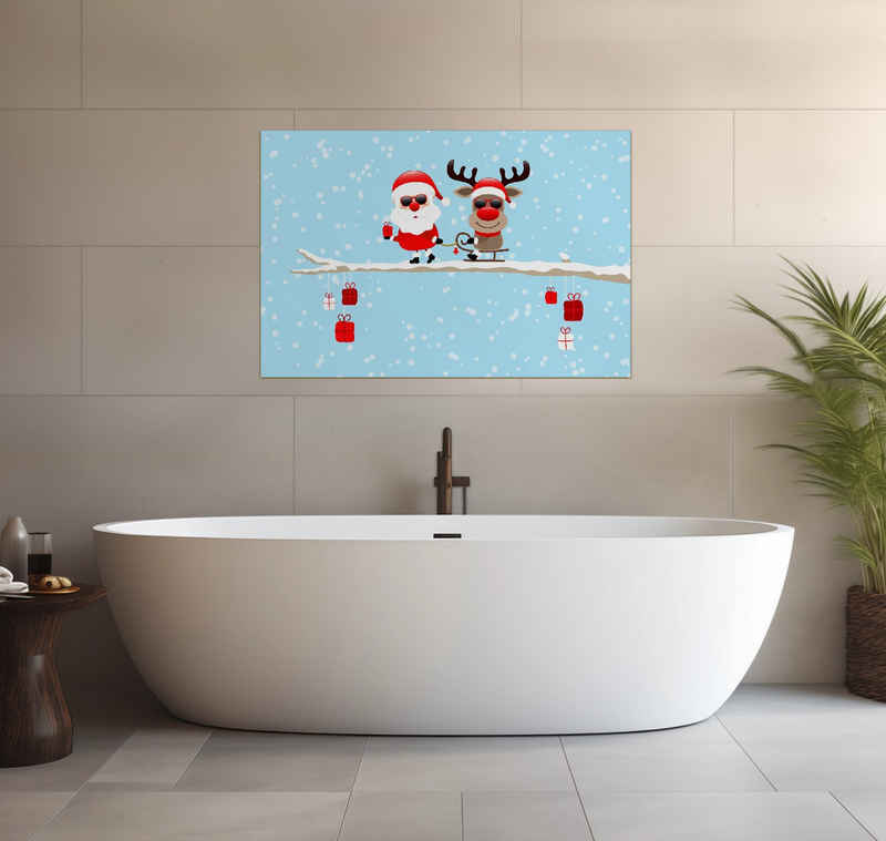 Wallario Wandfolie, Cooler Weihnachtsmann mit Rentier auf einem Ast, wasserresistent, geeignet für Bad und Dusche