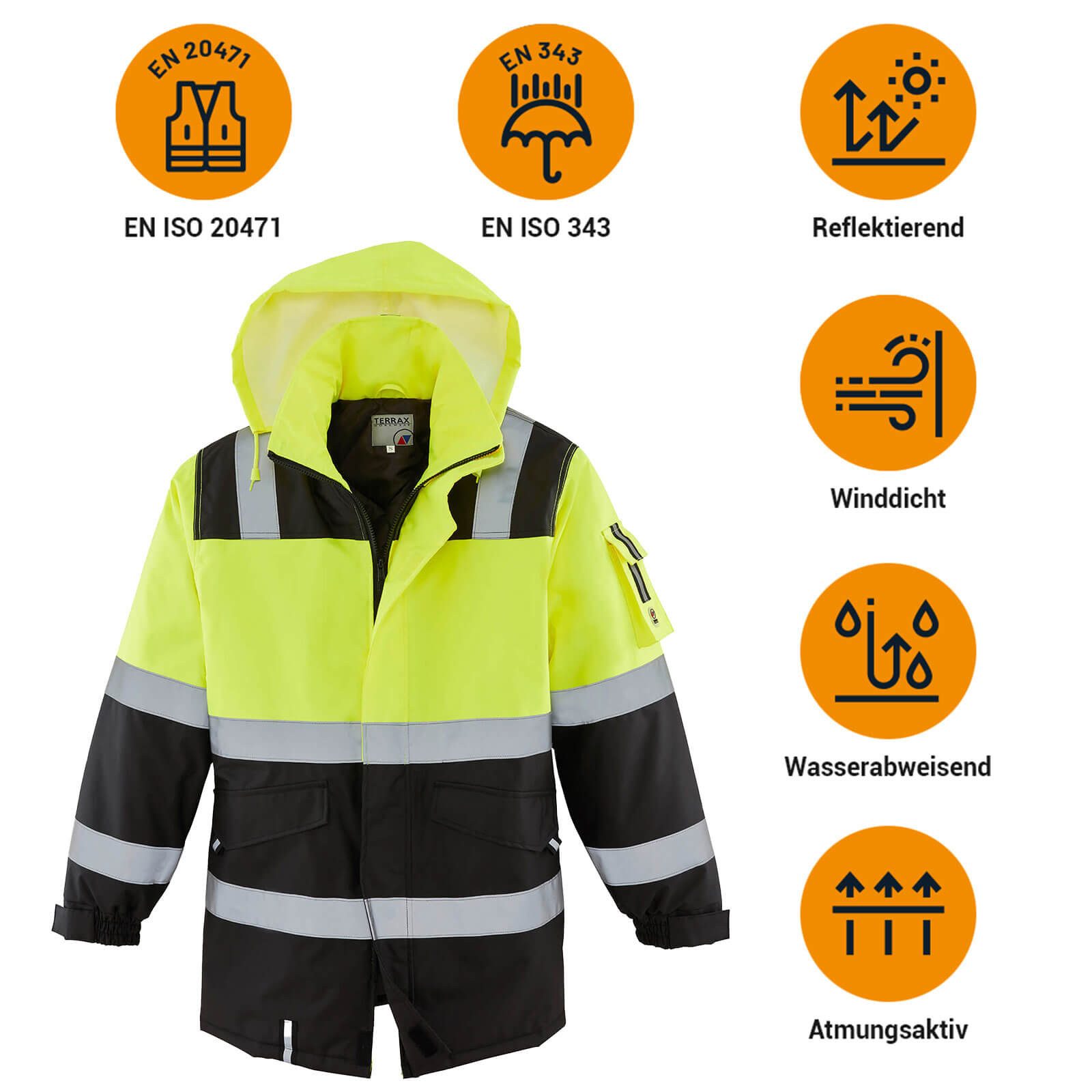 Terrax Workwear Arbeitsjacke 61815 Herren Warnschutzparka Arbeitsparka wattiert mit Reflexstreifen