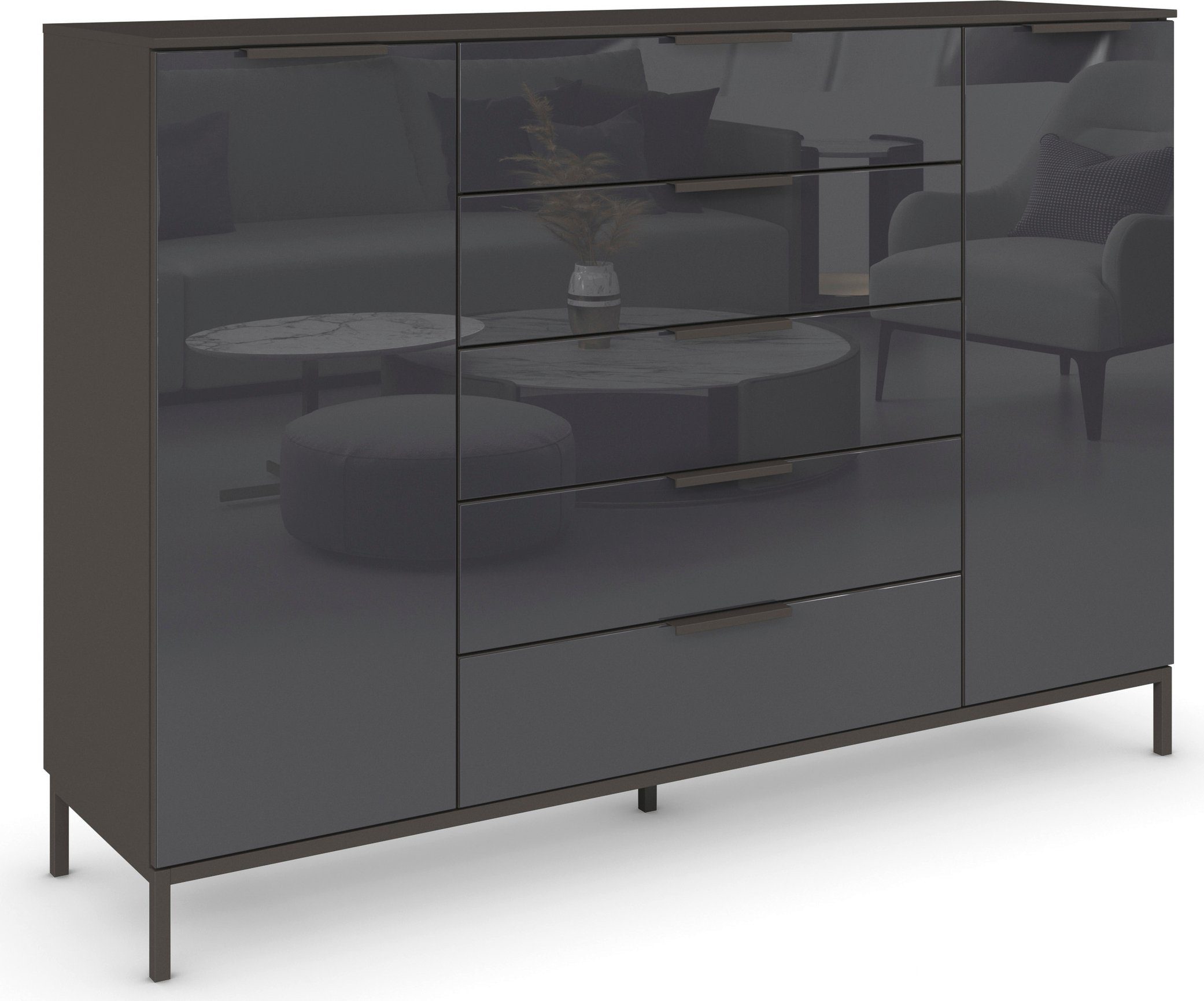 rauch Schubkastenkommode Kommode Türkommode Sideboard Kombikommode FLIPP mit Glasfront (Breite 160/180 cm mit 4 Einlegeböden), 2-trg mit 5 Schubladen und Soft-Close-Funktion, Glasfront, 2 Breiten
