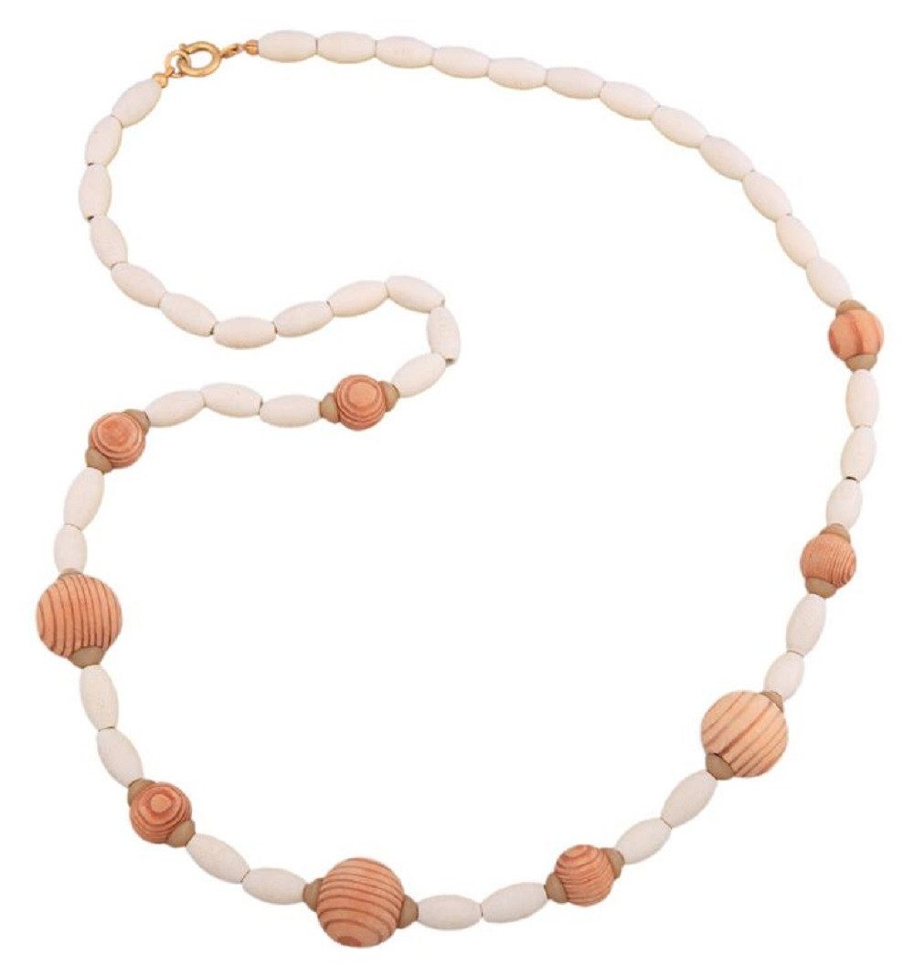 unbespielt Collier Kette Holzperlen weiß olivenförmig finnische Tanne 65 cm, Modeschmuck für Damen