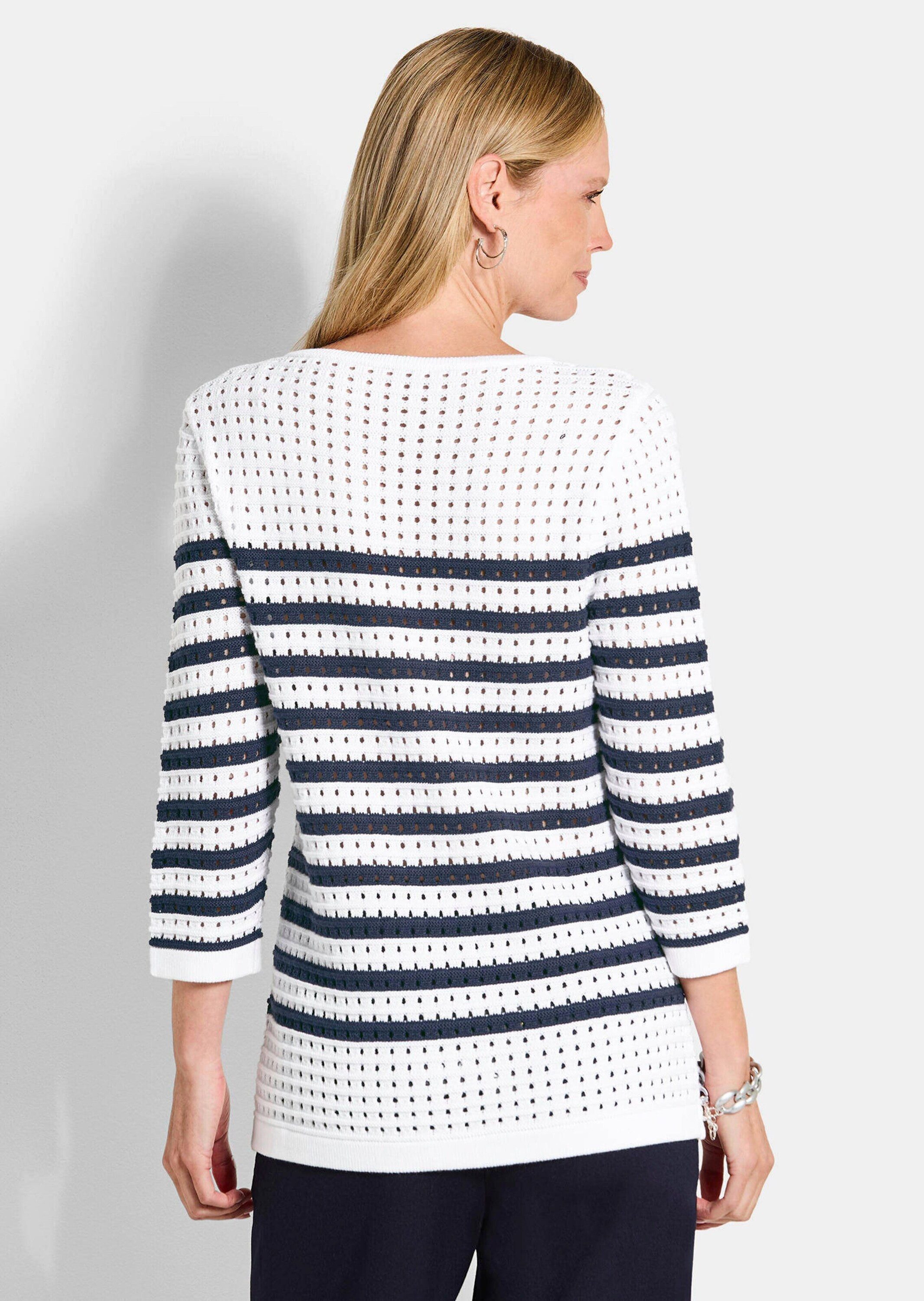 GOLDNER Strickpullover Kurzgröße: Ajourpullover mit Streifenmuster Streifenpullover mit U-Boot-Ausschnitt und 3/4-Ärmeln