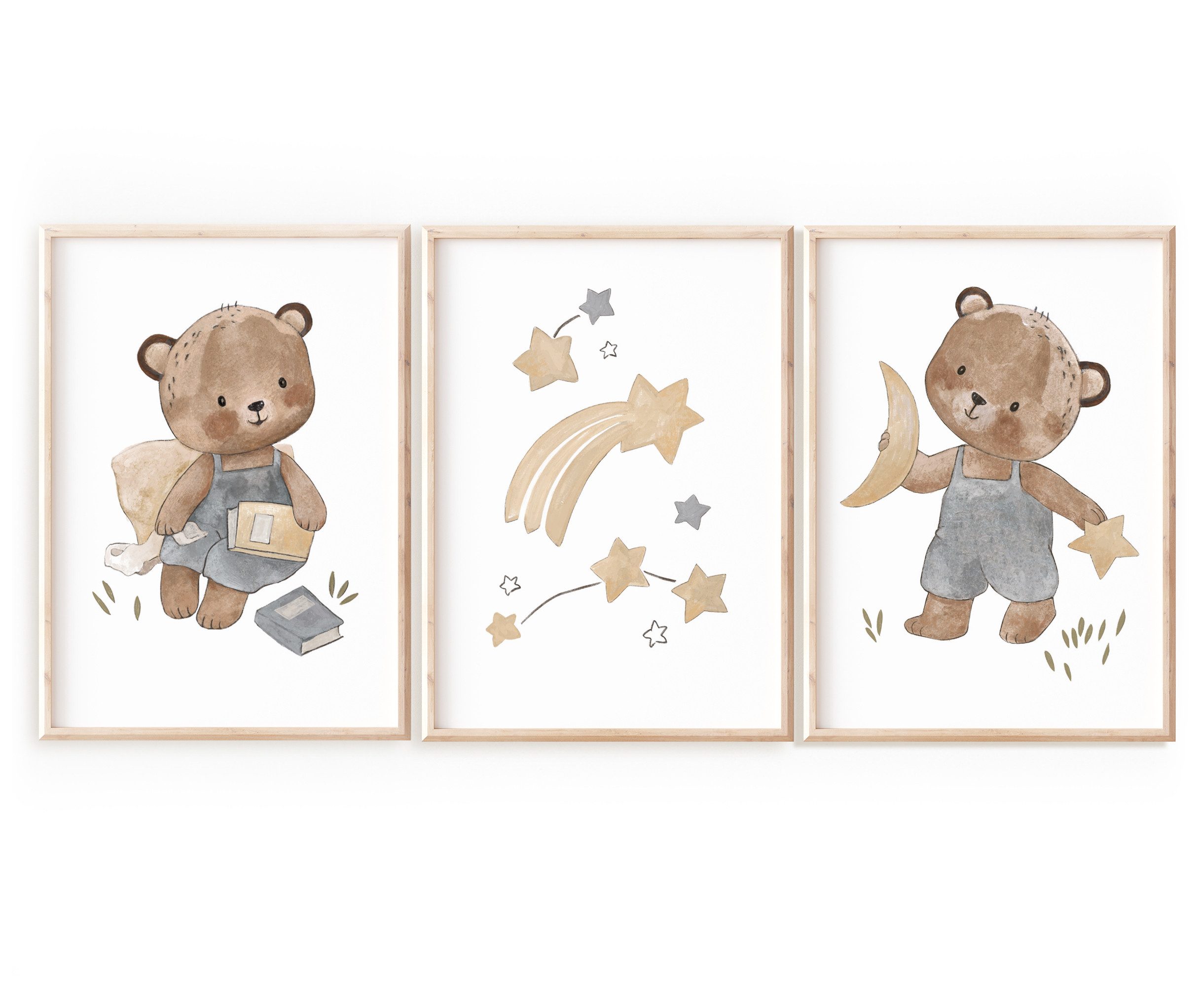 Pipapier Poster 3er Posterset "Bärchen, Mond und Sterne" Kinderzimmer, Kinderposter Bärenposter, Bär Bilderset, Babyzimmer, Gute Nacht