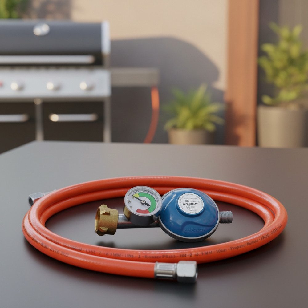 Melko Gasgrill Gas Schlauch Manometer Druckminderer Gasregler Propan Butan Gusseisen, Stück, Inkl. Manometer