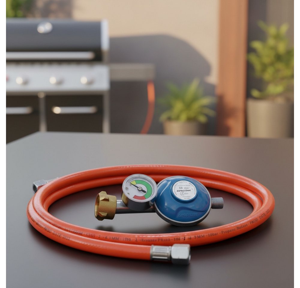 Melko Gasgrill Gas Schlauch Manometer Druckminderer Gasregler Propan Butan Gusseisen, Stück, Inkl. Manometer