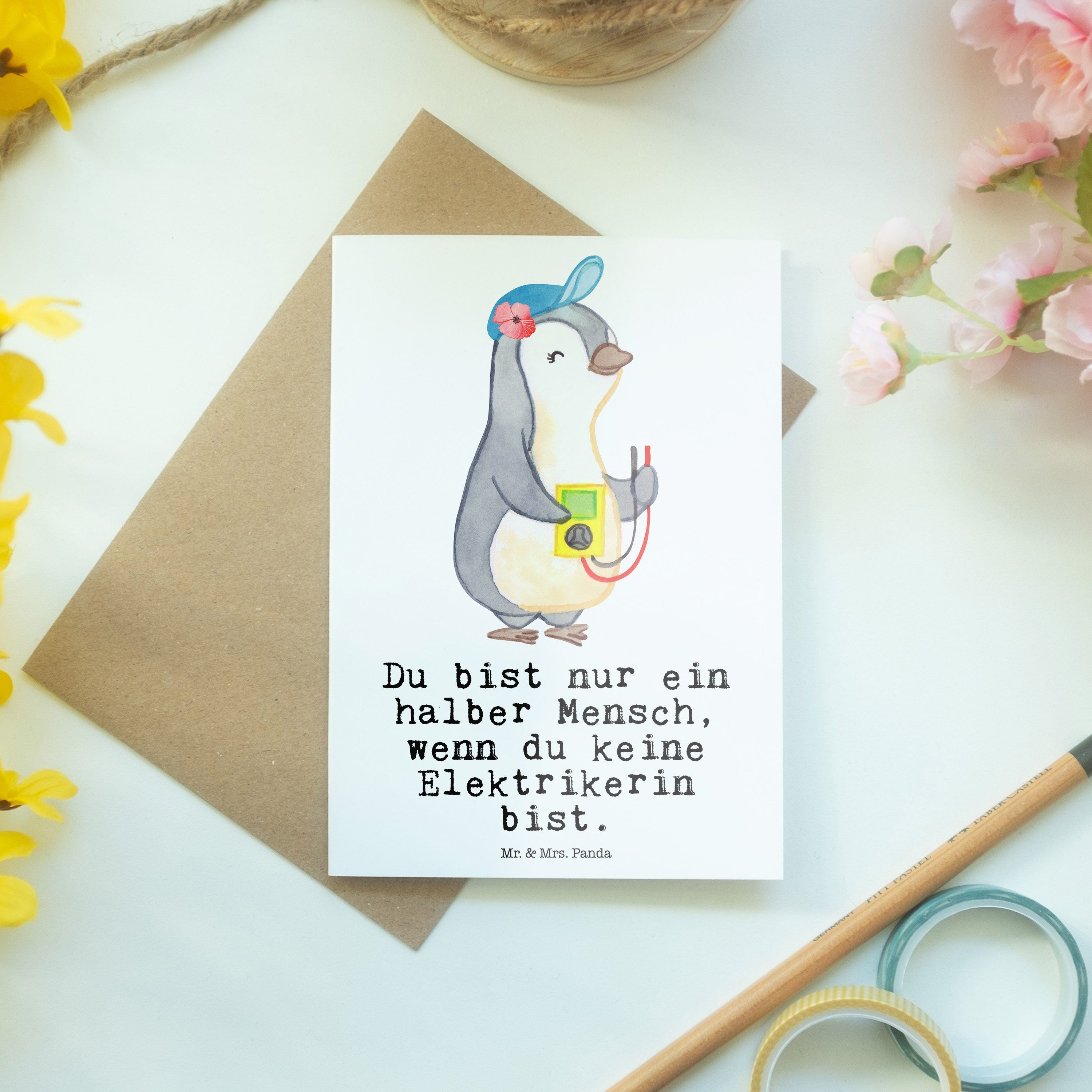 Panda Mrs. - & Geschenk, mit Herz Karte, Grußkarte Glückwunschkarte, Weiß Mr. Ele Elektrikerin -