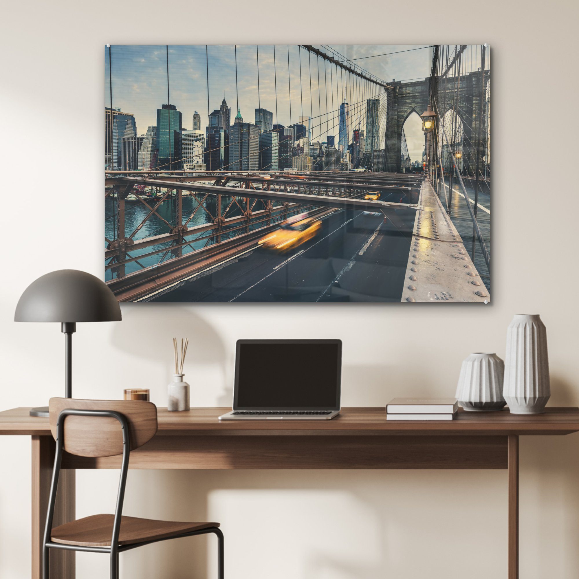 MuchoWow Acrylglasbild New York - Acrylglasbilder - Wohnzimmer Auto Brooklyn St), Schlafzimmer (1 Bridge, &