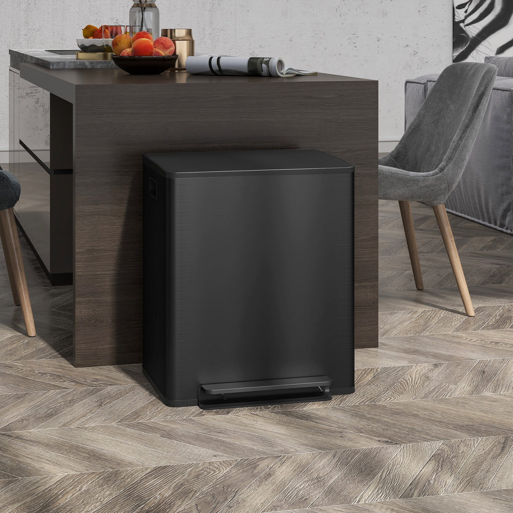 furnicato Mülleimer Eleganter 50L Tretmülleimer in Matt Schwarz mit 2 Fächern, Abfallbehälter mit Soft-Close-Deckel und Inneneimern für die Küche