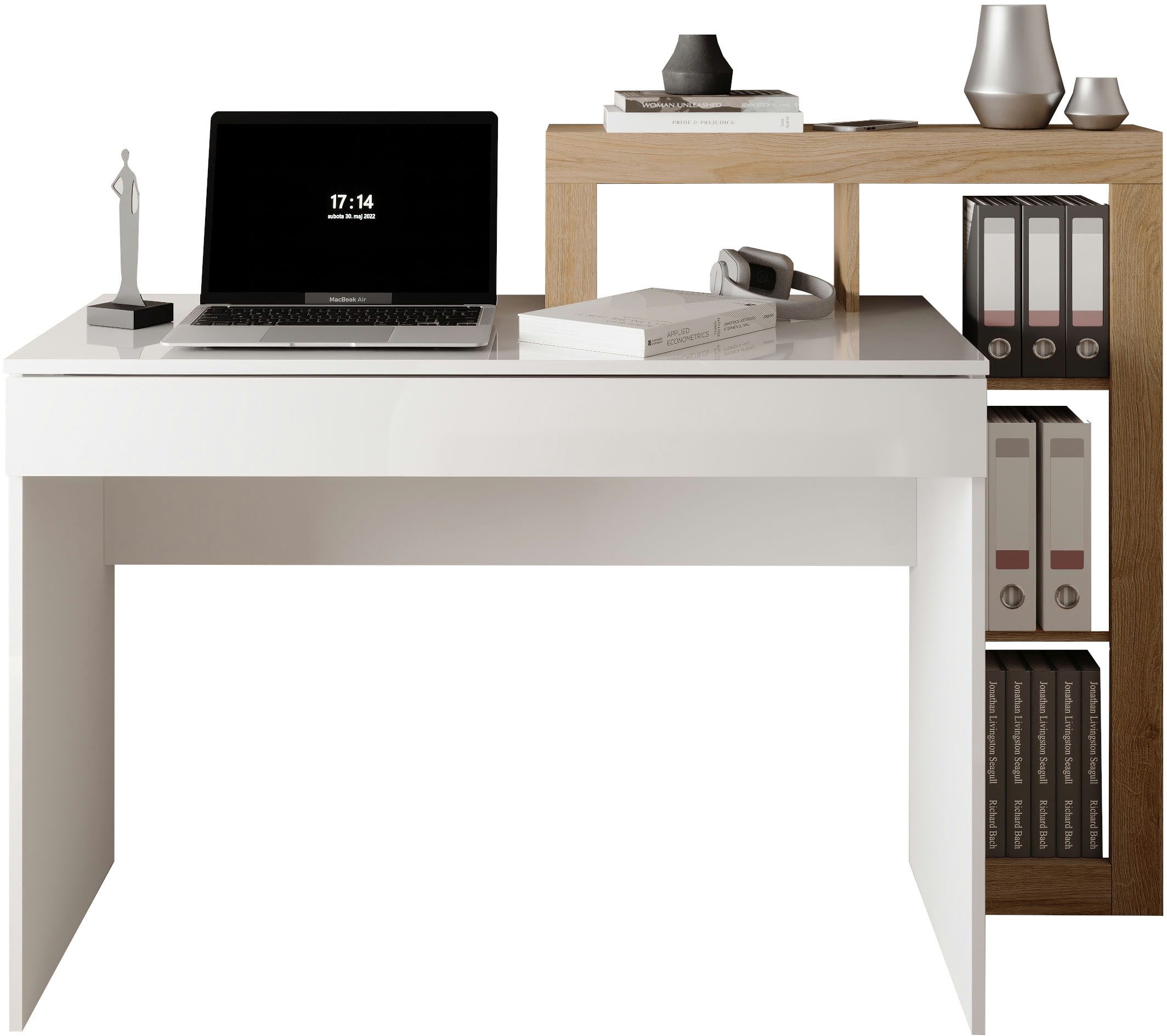 Schreibtisch Hamburg, Breite 138 cm, Tiefe 50 cm, mit Schubkasten u. Aufsatz/Regal