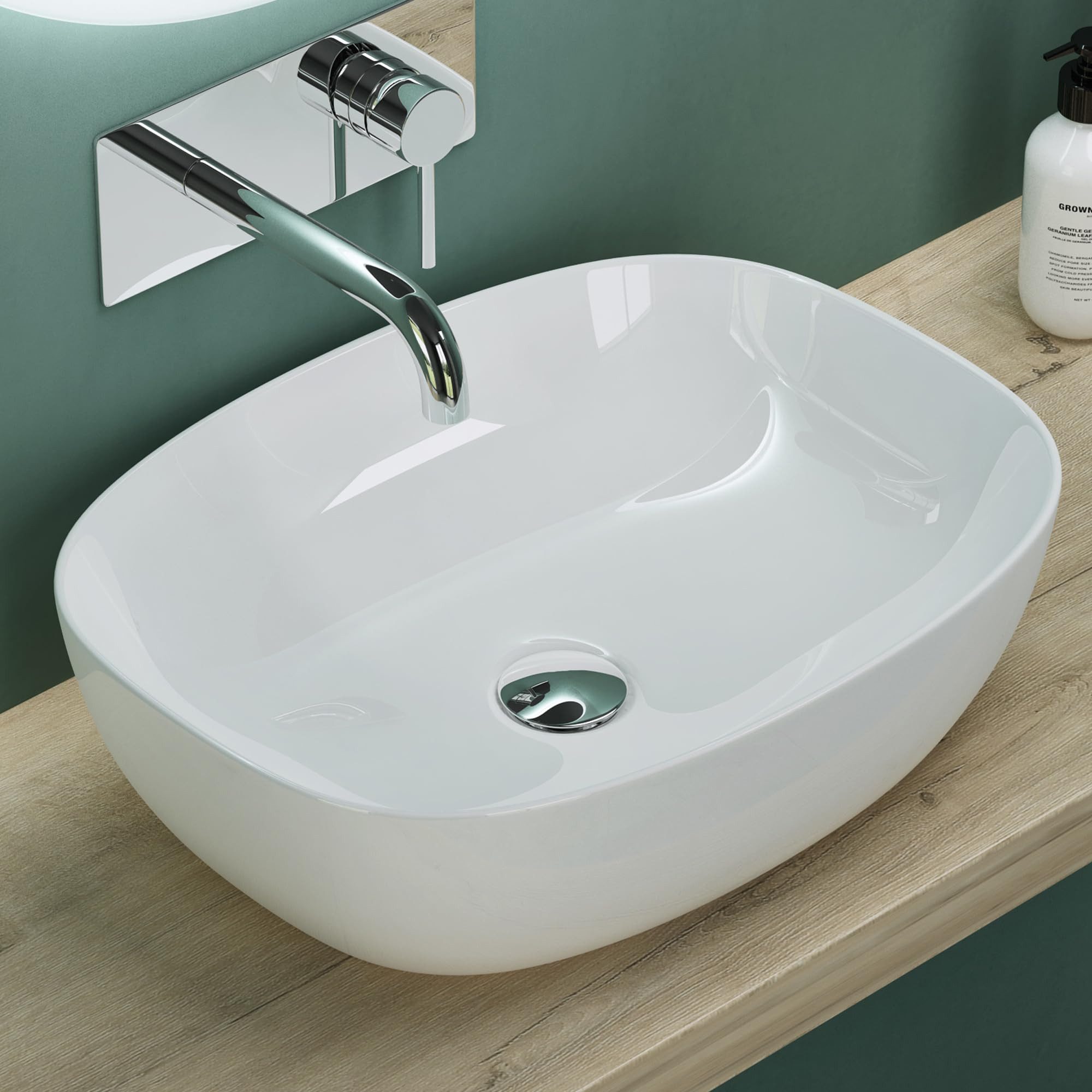 Mai & Mai Aufsatzwaschbecken Waschschale Waschbecken aus Keramik Oval Nano-Beschichtung Br104, Abfluss nach DIN-Norm