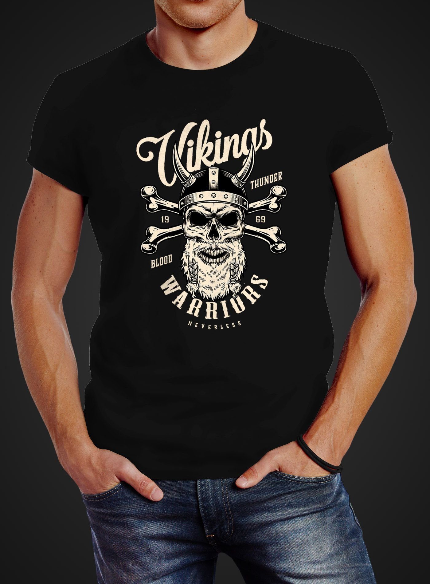 Print-Shirt T-Shirt Fit Neverless Neverless® Herren Slim Totenkopf Wikinger Skull Bart Print mit Vikings