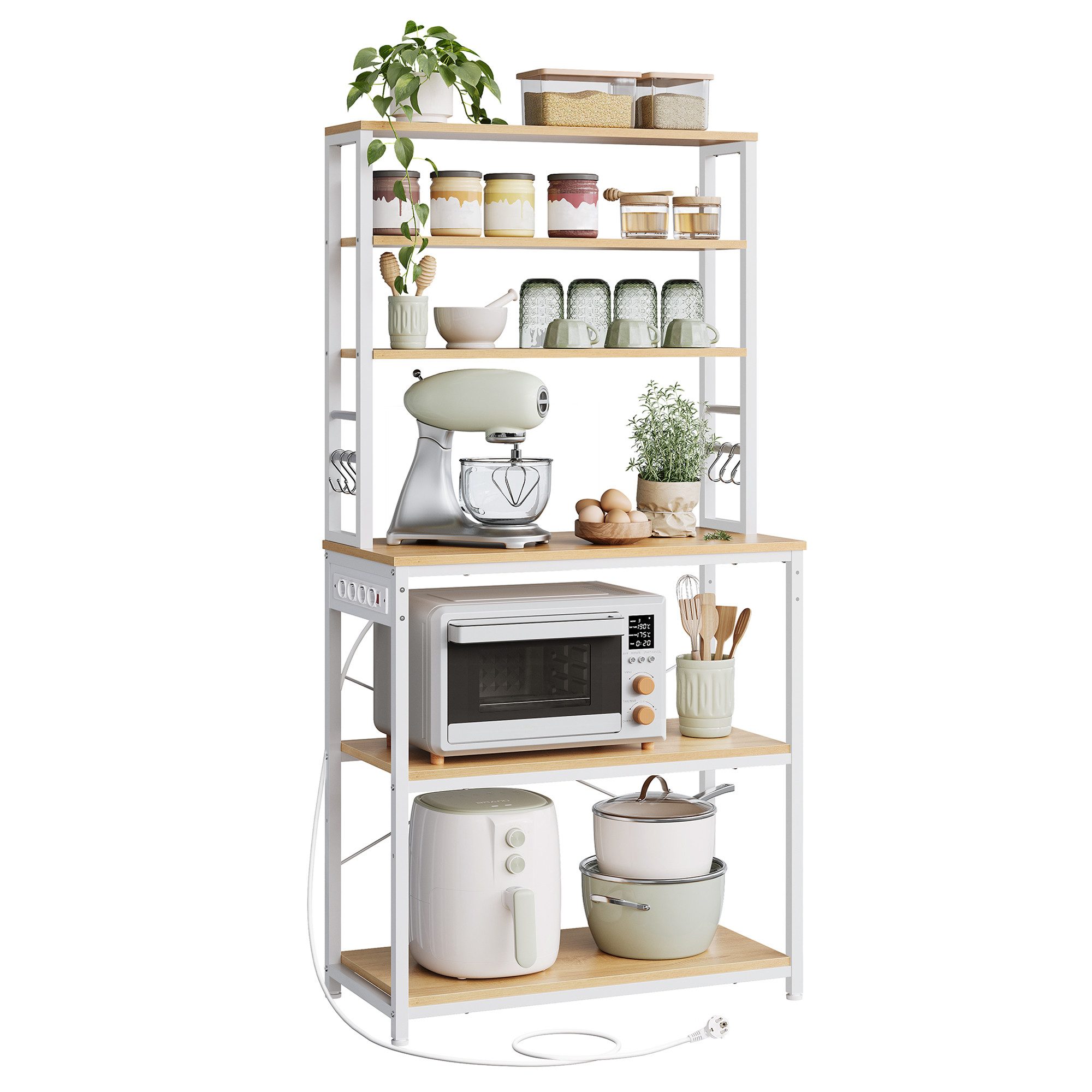 VASAGLE Standregal Küchenregal, Mikrowellen-Regal, 6 Haken, 6 Ablagen, 40 x 80 x 167 cm, mit Steckdosen, Stahlrahmen, für Küche