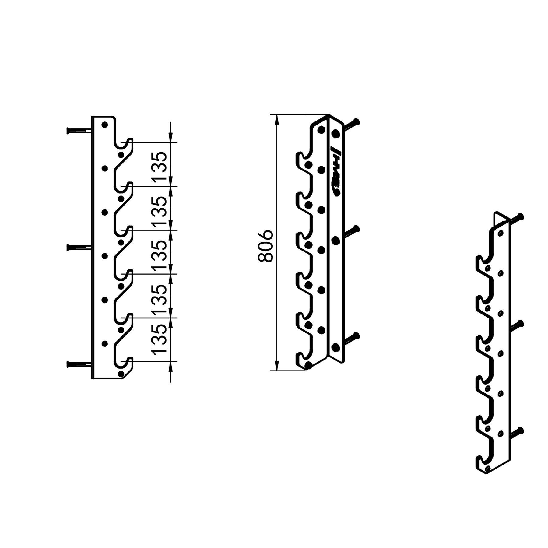 HMS Wandhalterung Hantelstangenhalterung Wandbefestigung für Langhanteln, (stabile Konstruktion für bis zu 6 Stangen)
