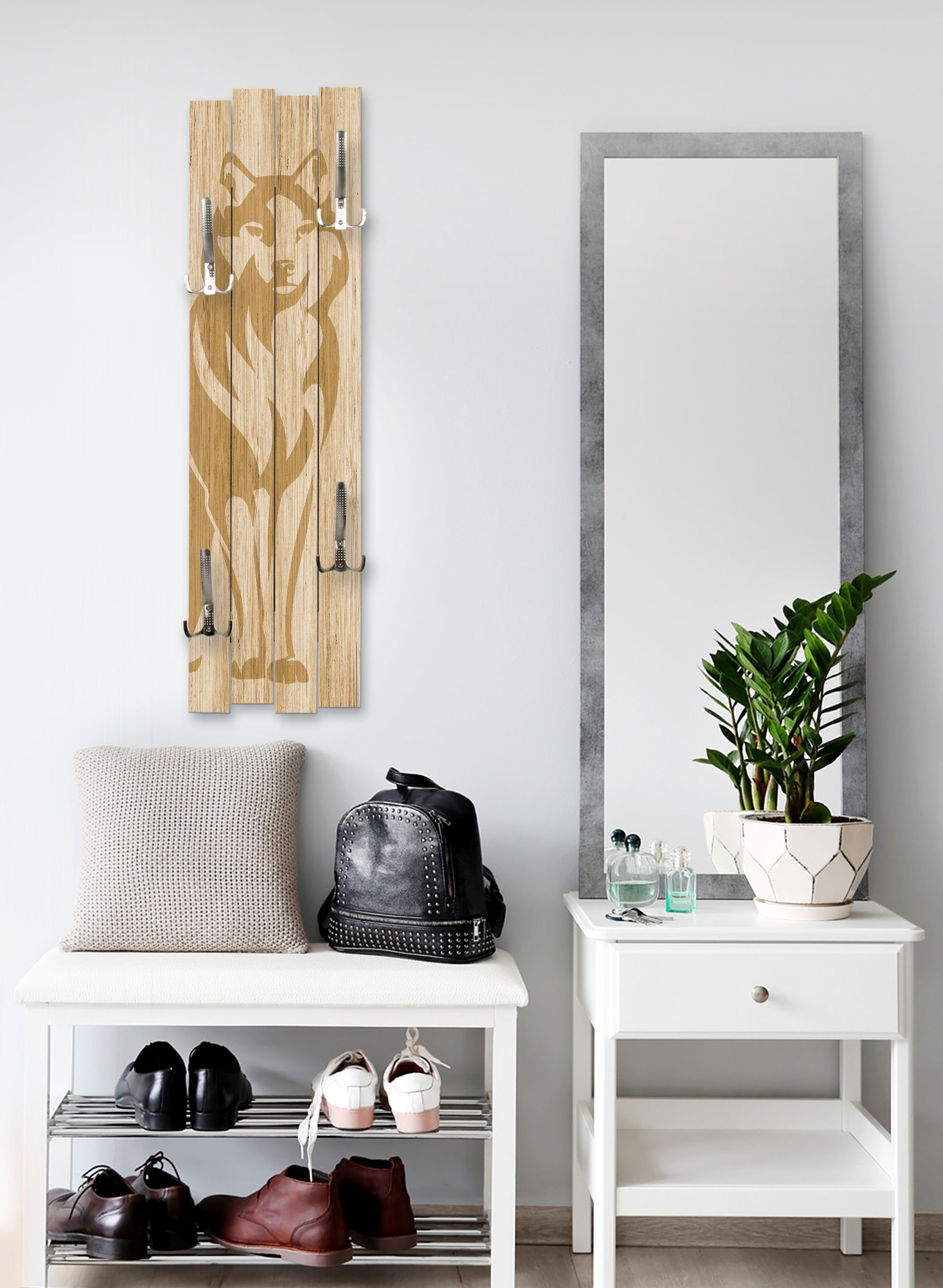 Kreative Feder Wandgarderobe Wand-Garderobe „Wolf“ aus Holz, Shabby-Chic; ca. 100 x 30 cm; mit 4 Haken; außergewöhnlich, modern