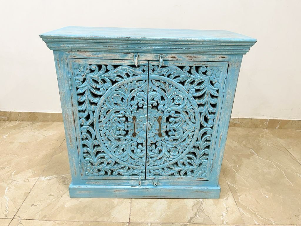 Galerie Indien Unterschrank Blau 90 Blaues Benisha Sideboard Handarbeit cm Oriental