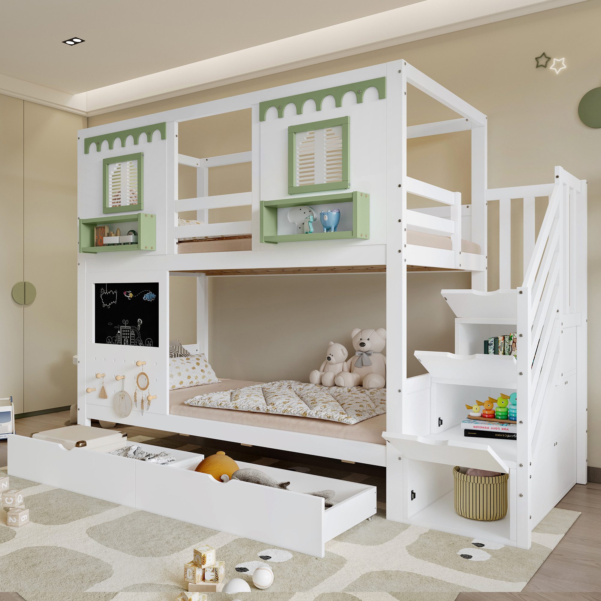 Merax Etagenbett 90x200cm mit Fenster Design (Jugendbett Hausbett Stockbett Doppelbett, 1-St), Kiefernholz Kinderbett mit 2 Schubladen, Stauraumtreppe, Tafel & Regal