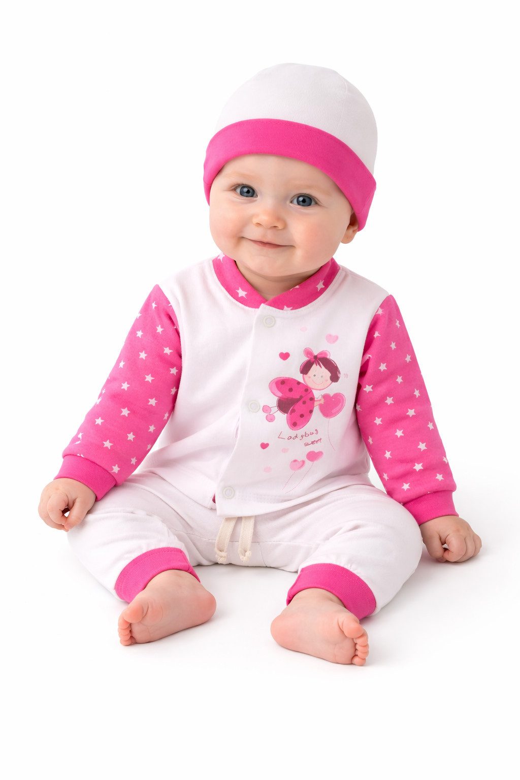 Langarmshirt & Hose Baby Anzug Hemdchen Mitwachshose Mütze Set in weiß pink