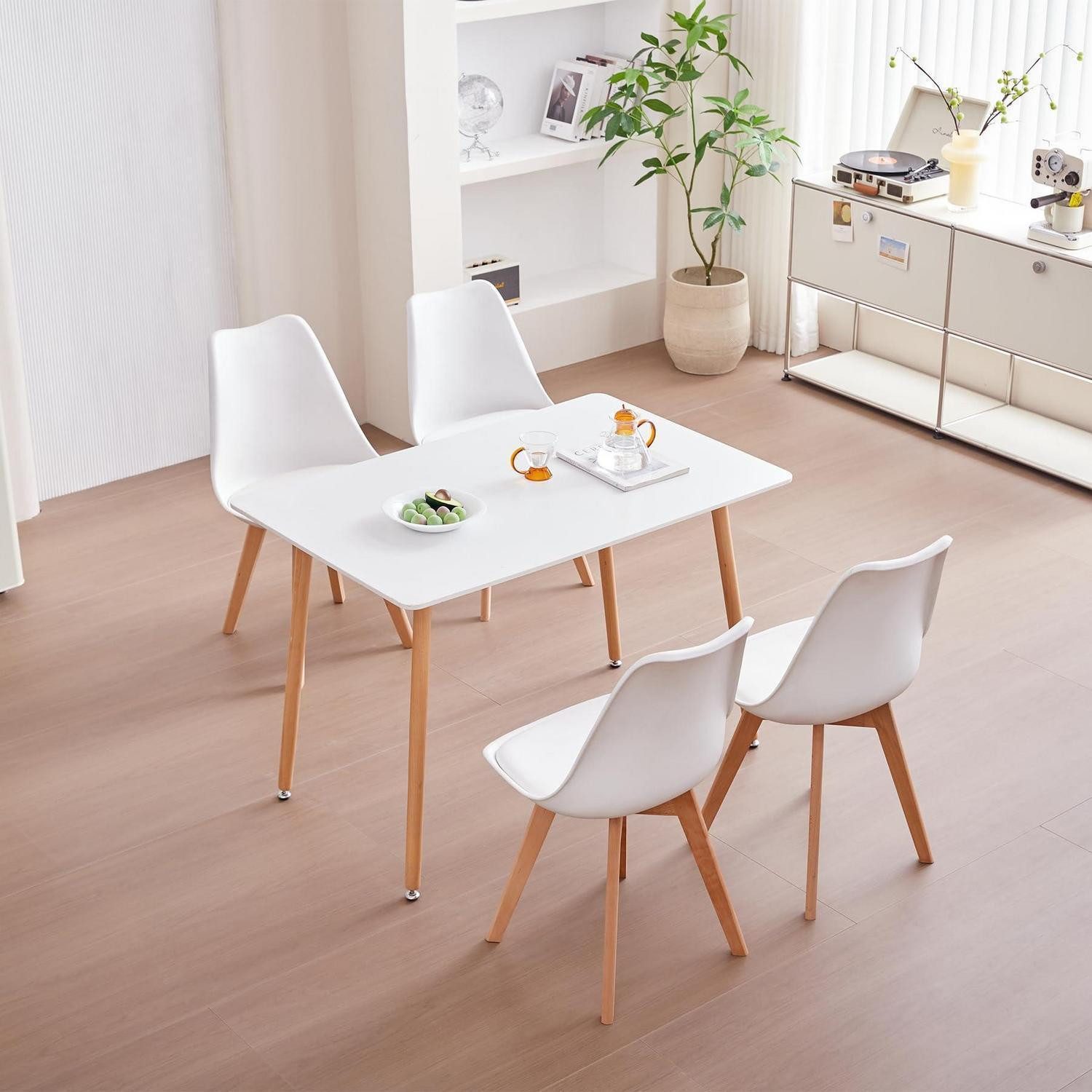 Essgruppe Esszimmer Set Esstisch Holz 4 110*70*75CM 1 Tisch + 4 Weiß Stühle