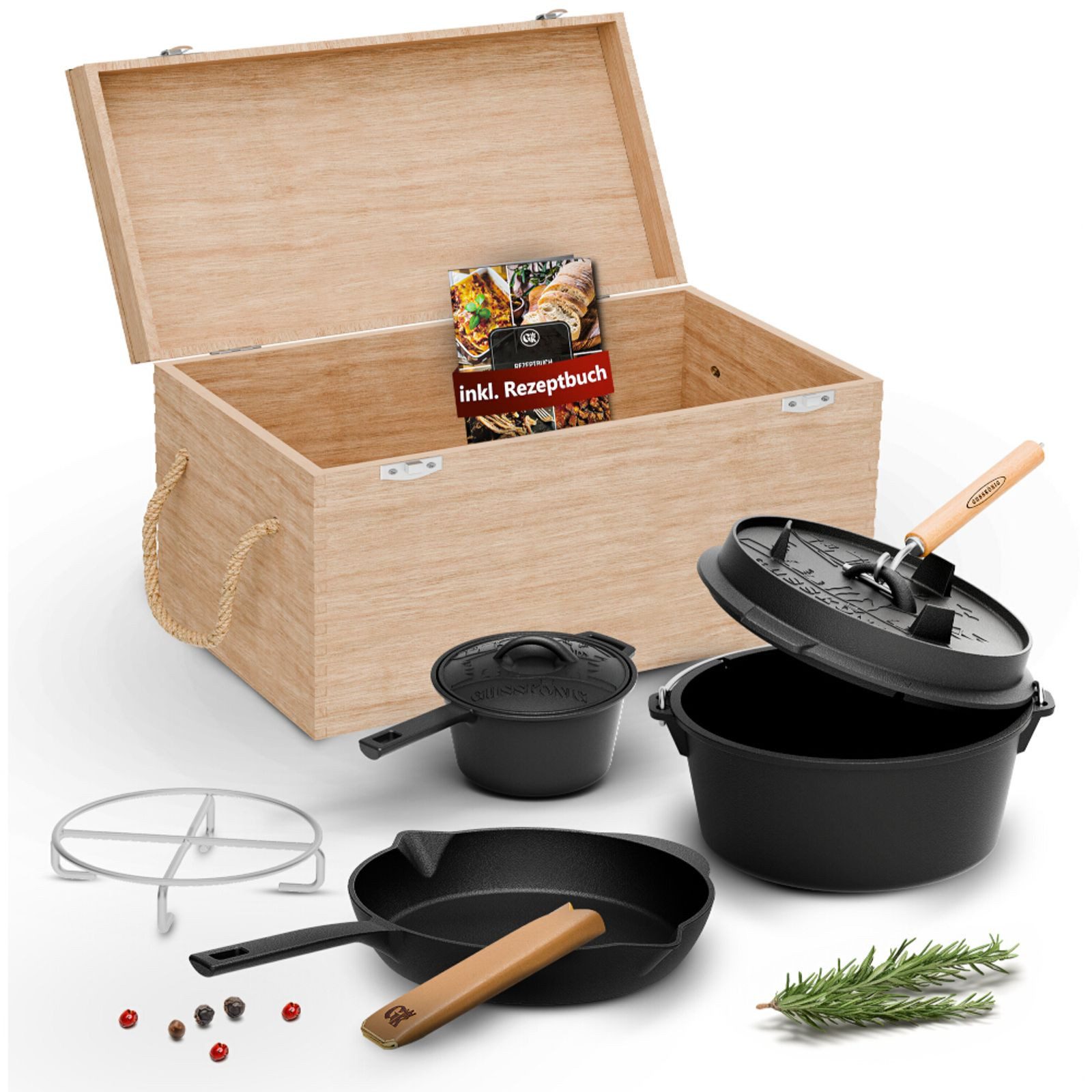 GUSSKÖNIG Topf-Set Gusseisen Set 8-teilig in Holzbox mit Dutch Oven, Gusseisen