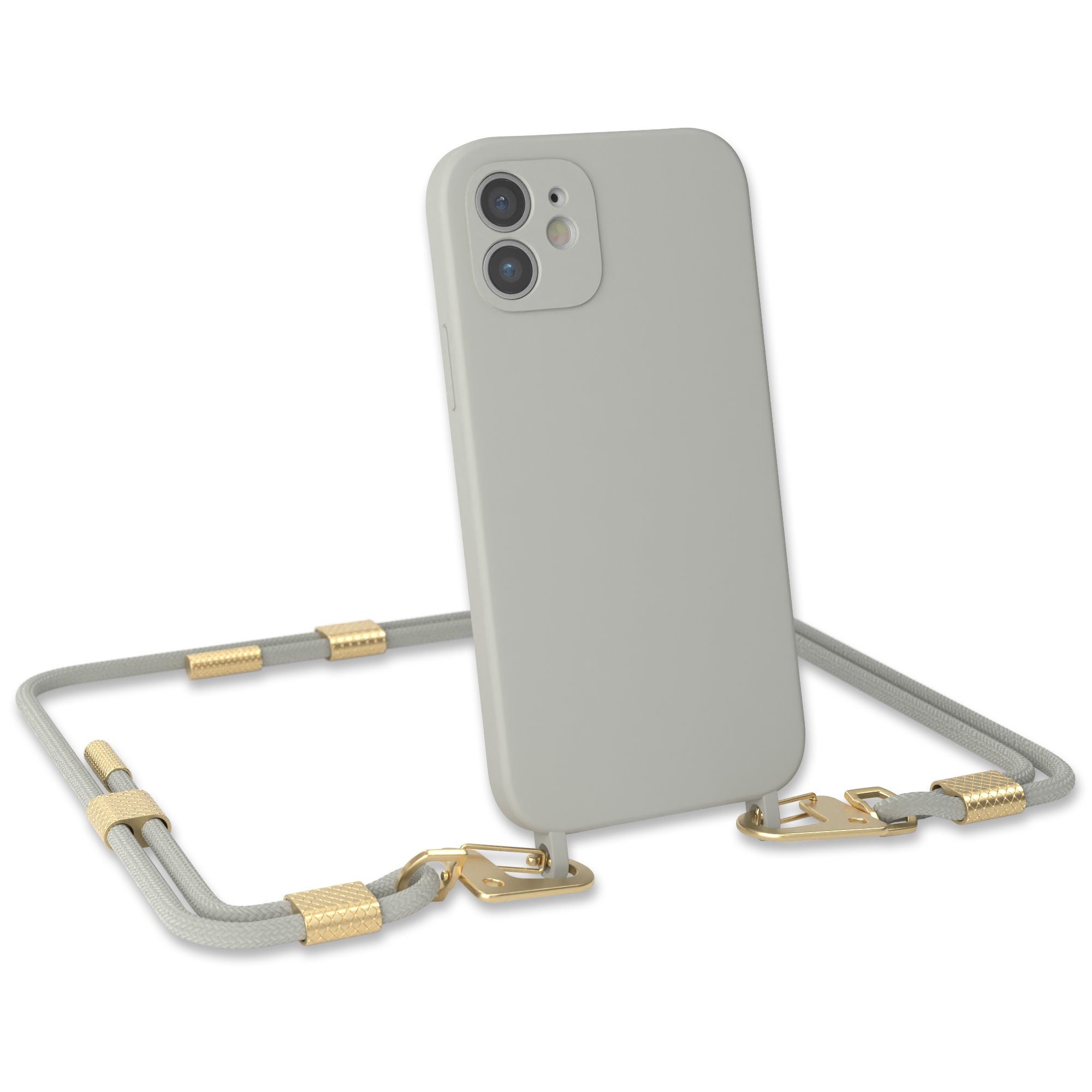 EAZY CASE Handykette Carabiner Chain für Apple iPhone 12 6,1 Zoll, Schutzhülle zum Umhängen Handyhülle mit Umhängeband Schwarz Grau Taupe