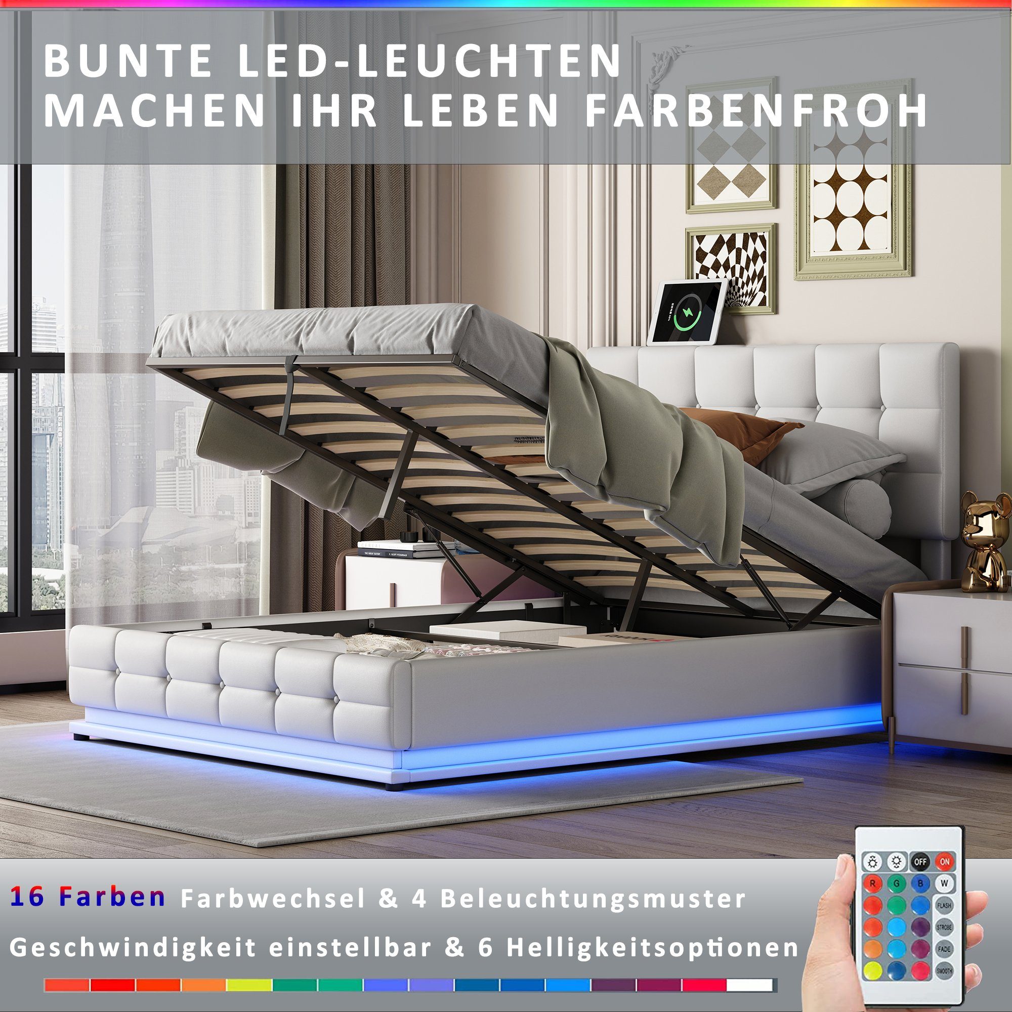 Modernes Bettrahmen zu cm aus Bezug REDOM anhebbarer (140x200 montierender Kunstleder), Weiß Bettstauraum,Bettkasten LED, mit Polsterbett Lattenrost Hydraulisch Einfach Bett