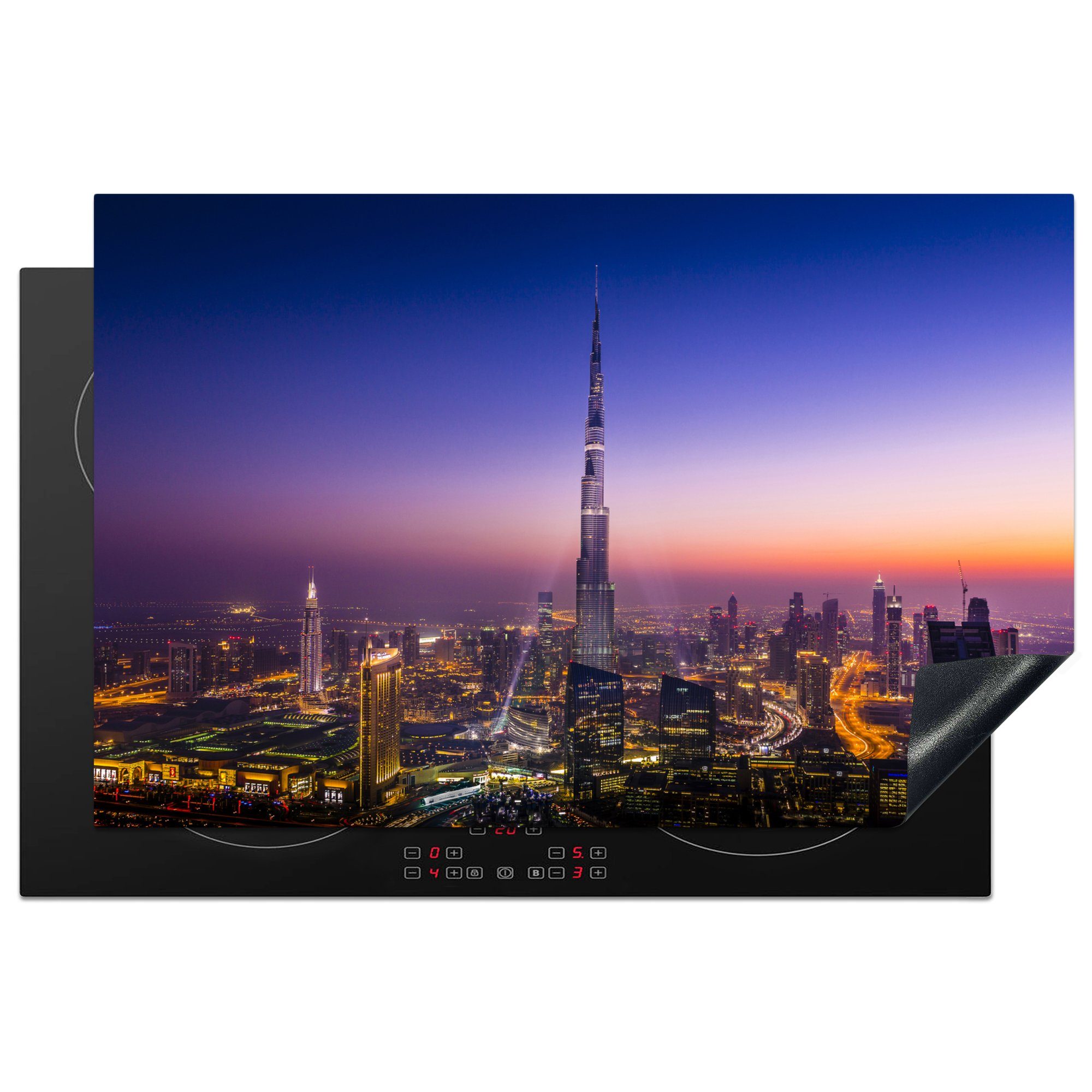 die über 81x52 Khalifa-Wolkenkratzer Dubai, tlg), cm, MuchoWow Schutz für Ceranfeldabdeckung Induktionskochfeld Vinyl, Burj küche, Herdblende-/Abdeckplatte Bunter (1 und dem Himmel