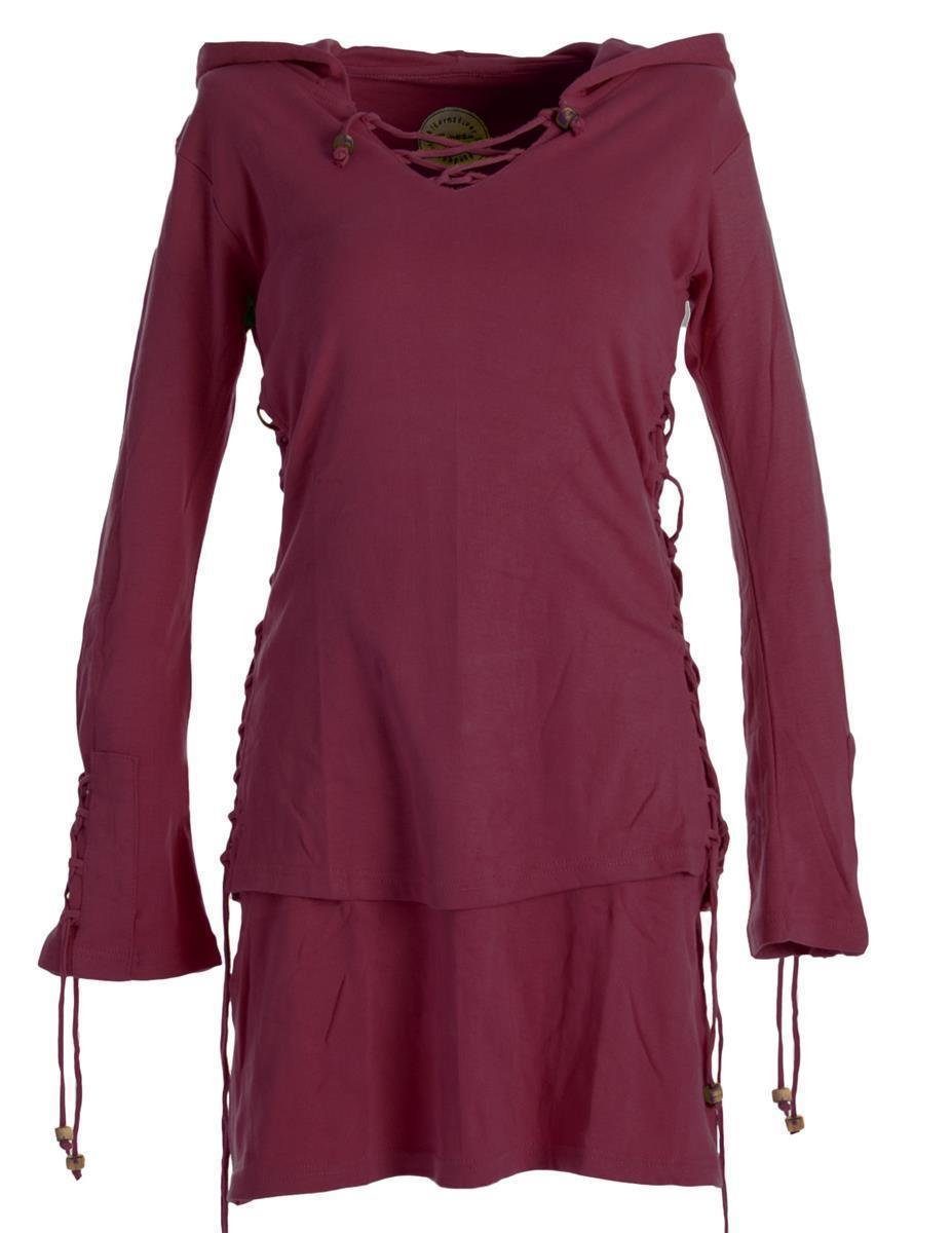 Vishes Zipfelkleid Warmes Doppellagiges Kleid mit Zipfelkapuze und Bändern zum Schnüren Boho, Elfen, Ethno, Goa Style dunkelrot