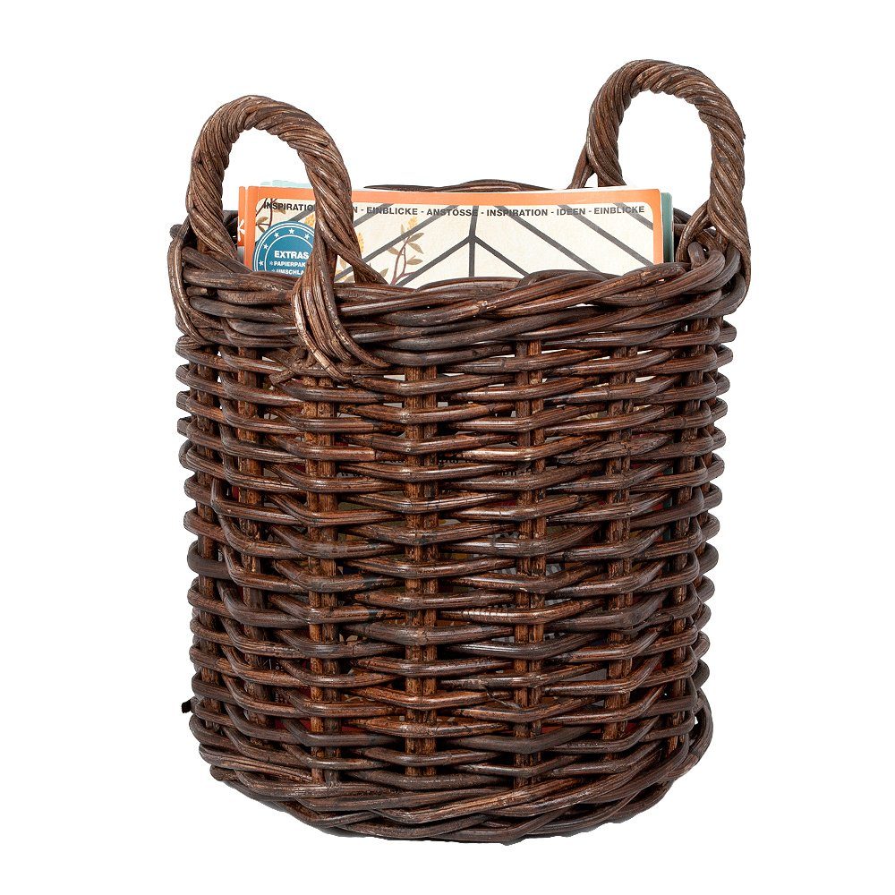 LebensWohnArt Dekokorb Rattankorb BAKUL Brown Natural D30cm Griffen mit ca. rund