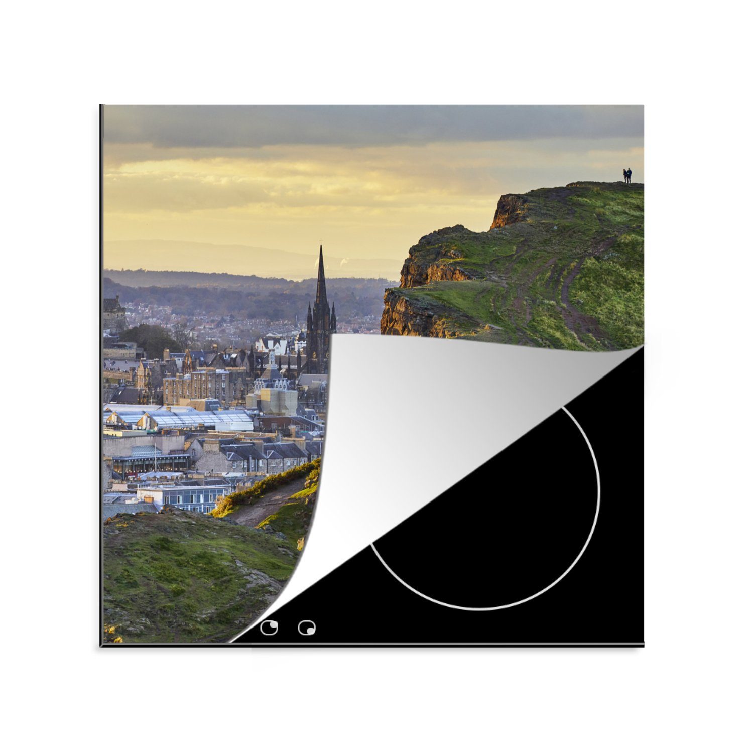 MuchoWow Herdblende-/Abdeckplatte Schottland - Berg - Stadt, Vinyl, (1 tlg), 78x78 cm, Ceranfeldabdeckung, Arbeitsplatte für küche