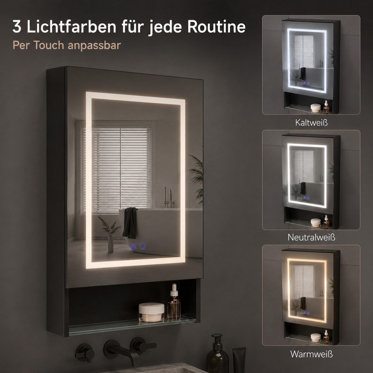 Simurq Badezimmerspiegelschrank LED Spiegelschrank 50 cm schwarz 1-türig Anti-Beschlag (Einzelartikel, 1-St., 1 Spiegelschrank) 3 Lichtfarben, offene Glasablage – Bild 4 von 5